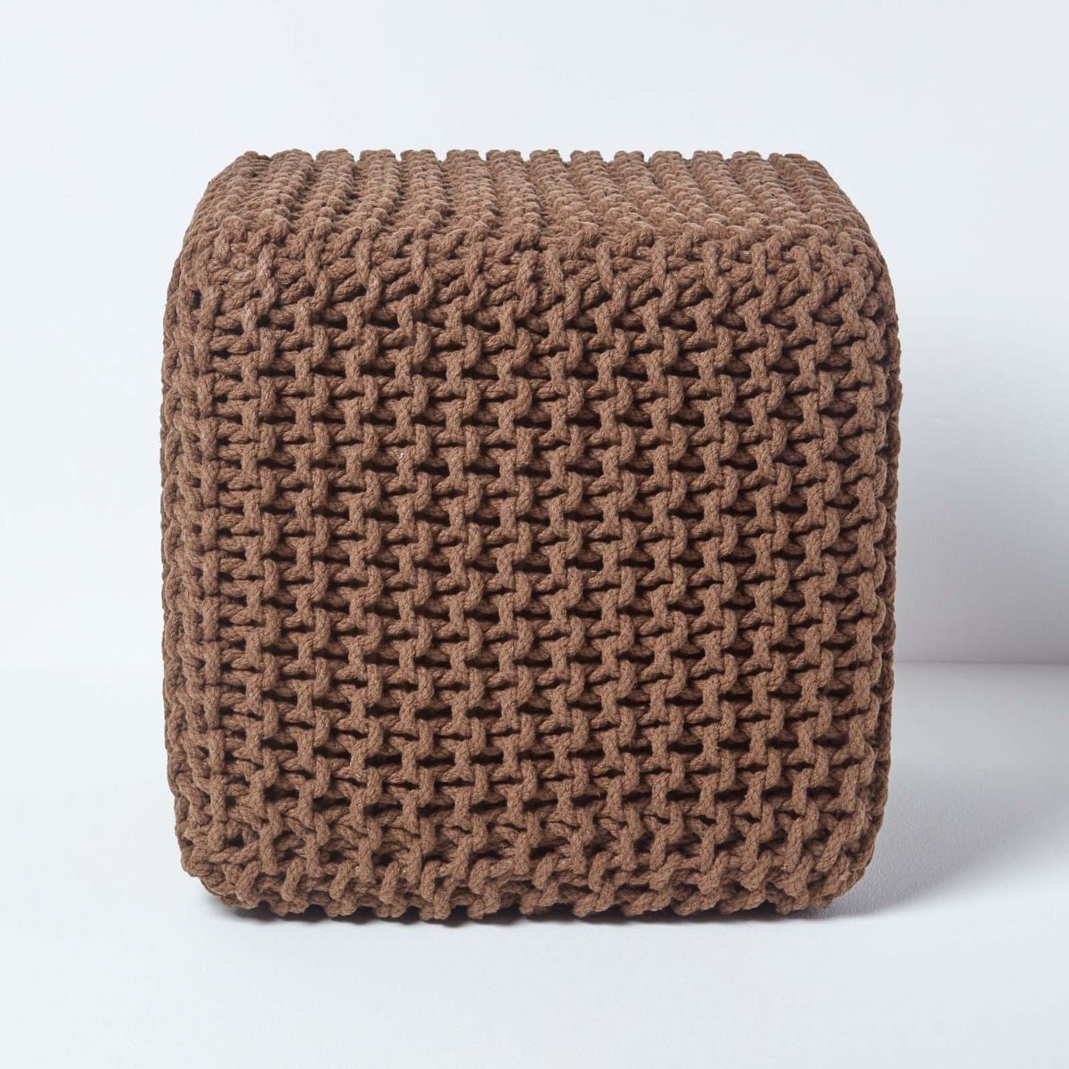 Homescapes Cube Cotton Knitted Pouffe Footstool – Chocolate Brown