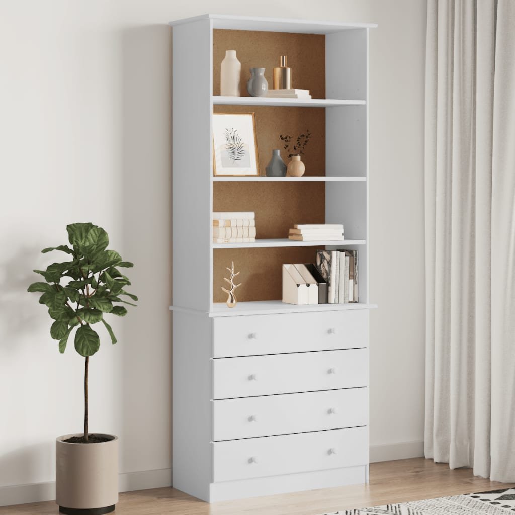 Walplus Solid Pine Bookcase with Drawers - White - 77 x 35 x 186.5 cm