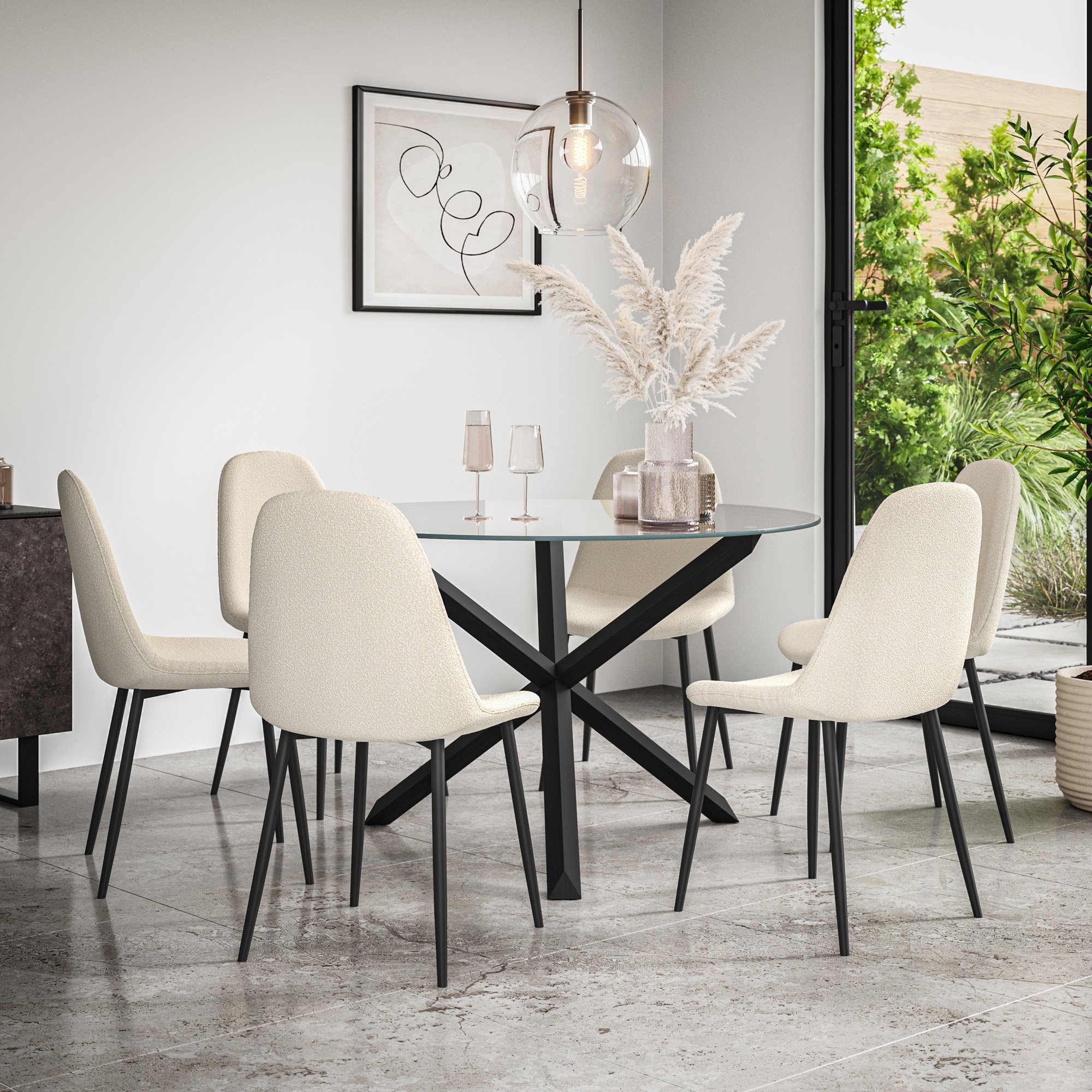 Furniture Online Malvern Maya Glass Top Dining Table & 6 Ivory Chairs