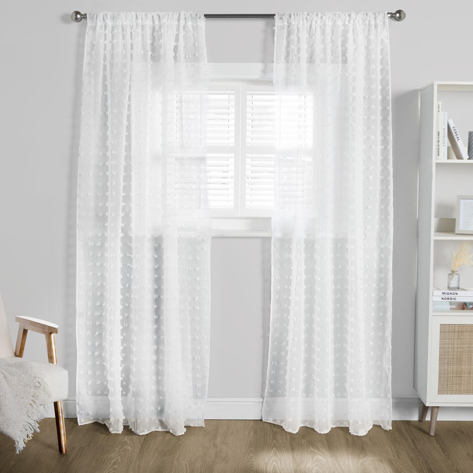OHS Pompom Tufted Voile Curtains 140 x 224cm - White