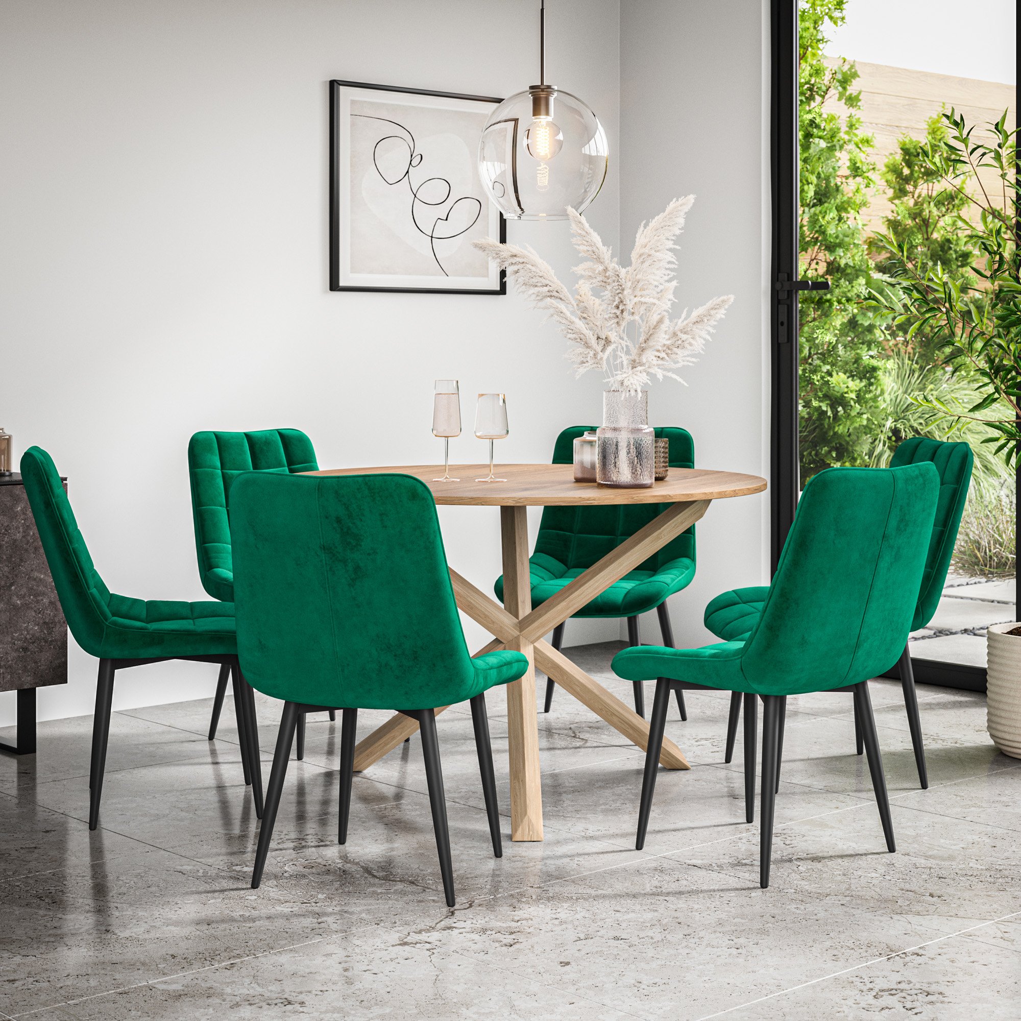 Furniture Online Malvern Nova Oak Table Dining Table & 6 Green Chairs