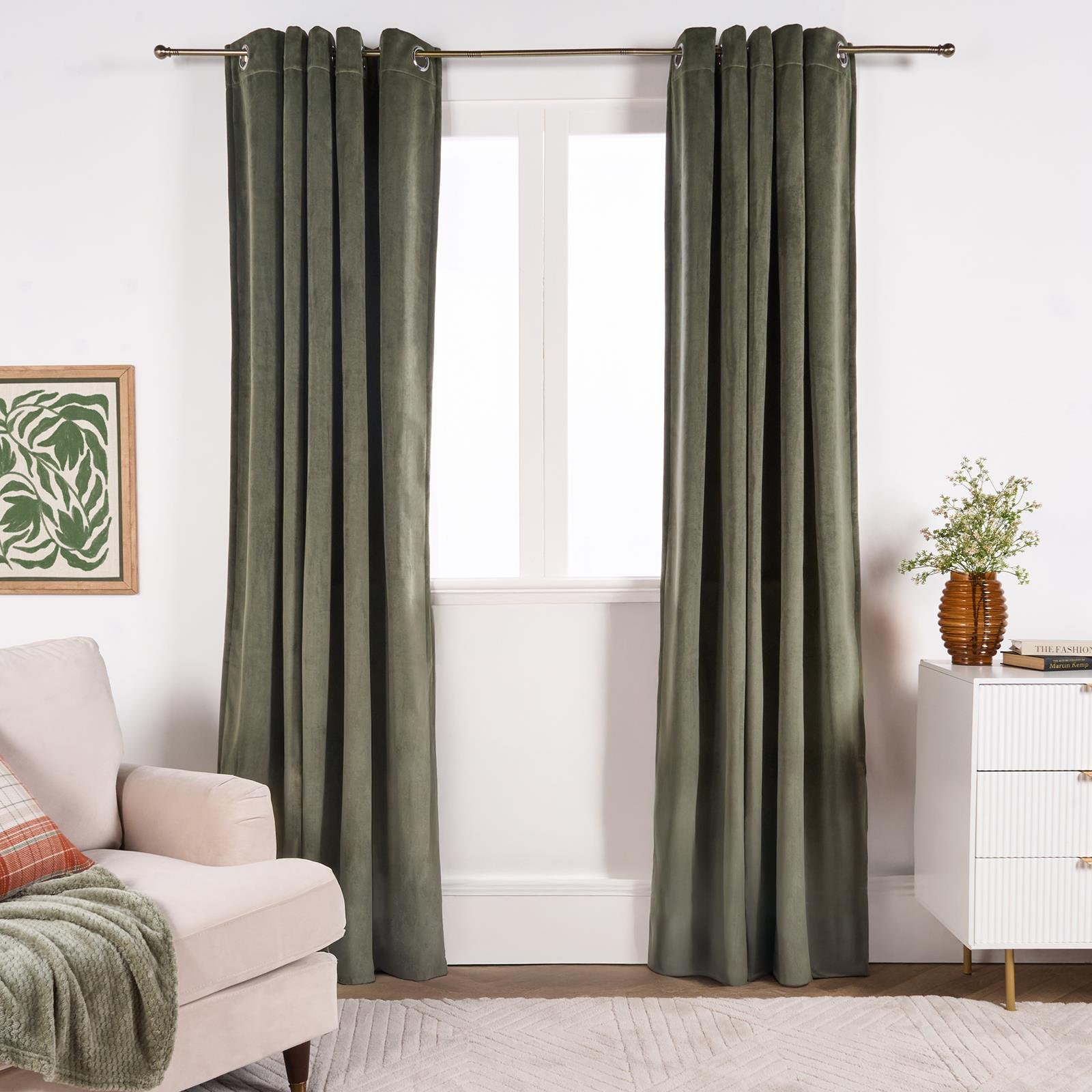 OHS Plain Thermal Velvet Curtains 168 x 229cm - Woodland Green