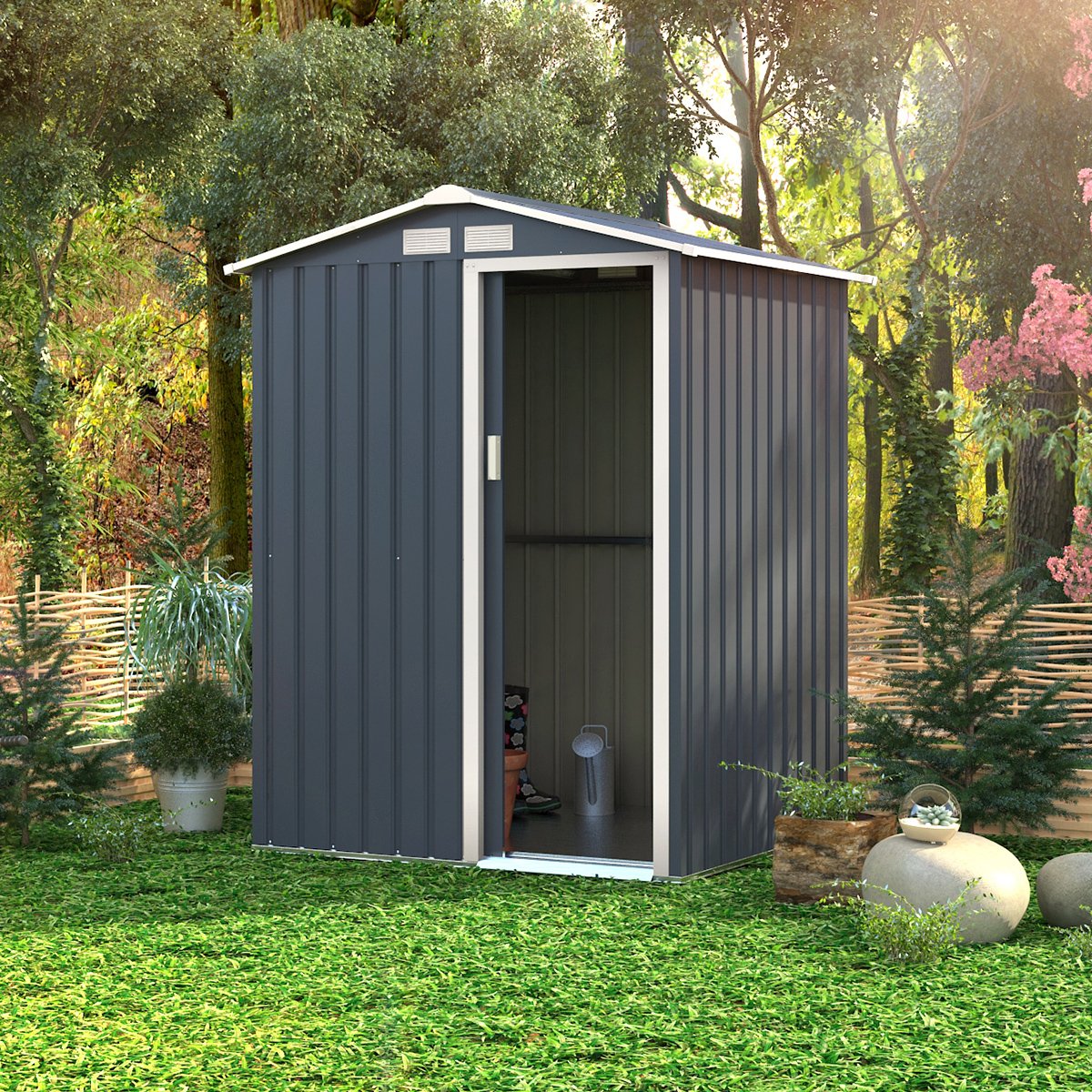 Charles Bentley 4.9ft x 4.3ft Metal Storage Shed Grey Small Apex - Grey