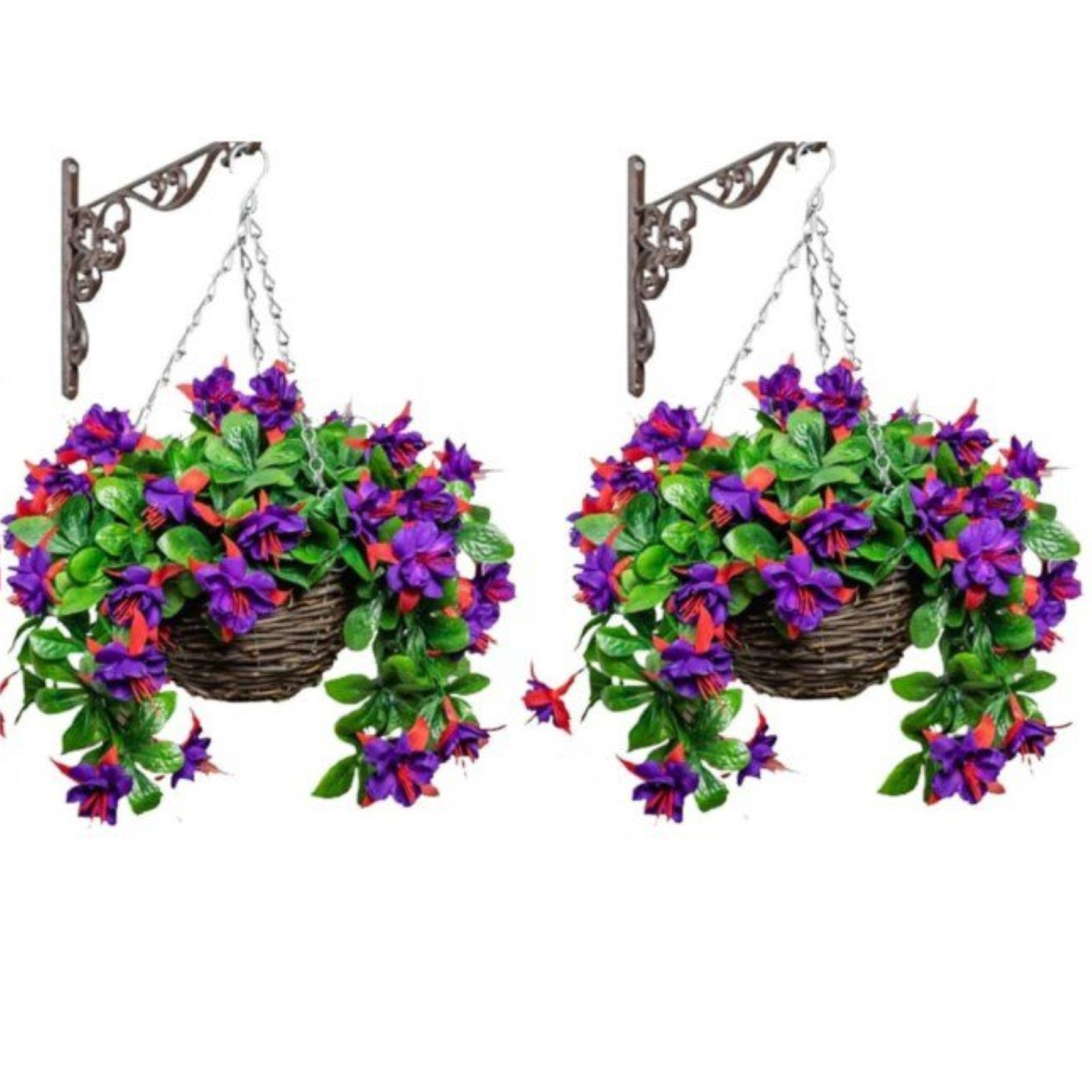Primrose Pair of Artificial Fuchsia Flowers Rattan Hanging Basket Purple 25cm