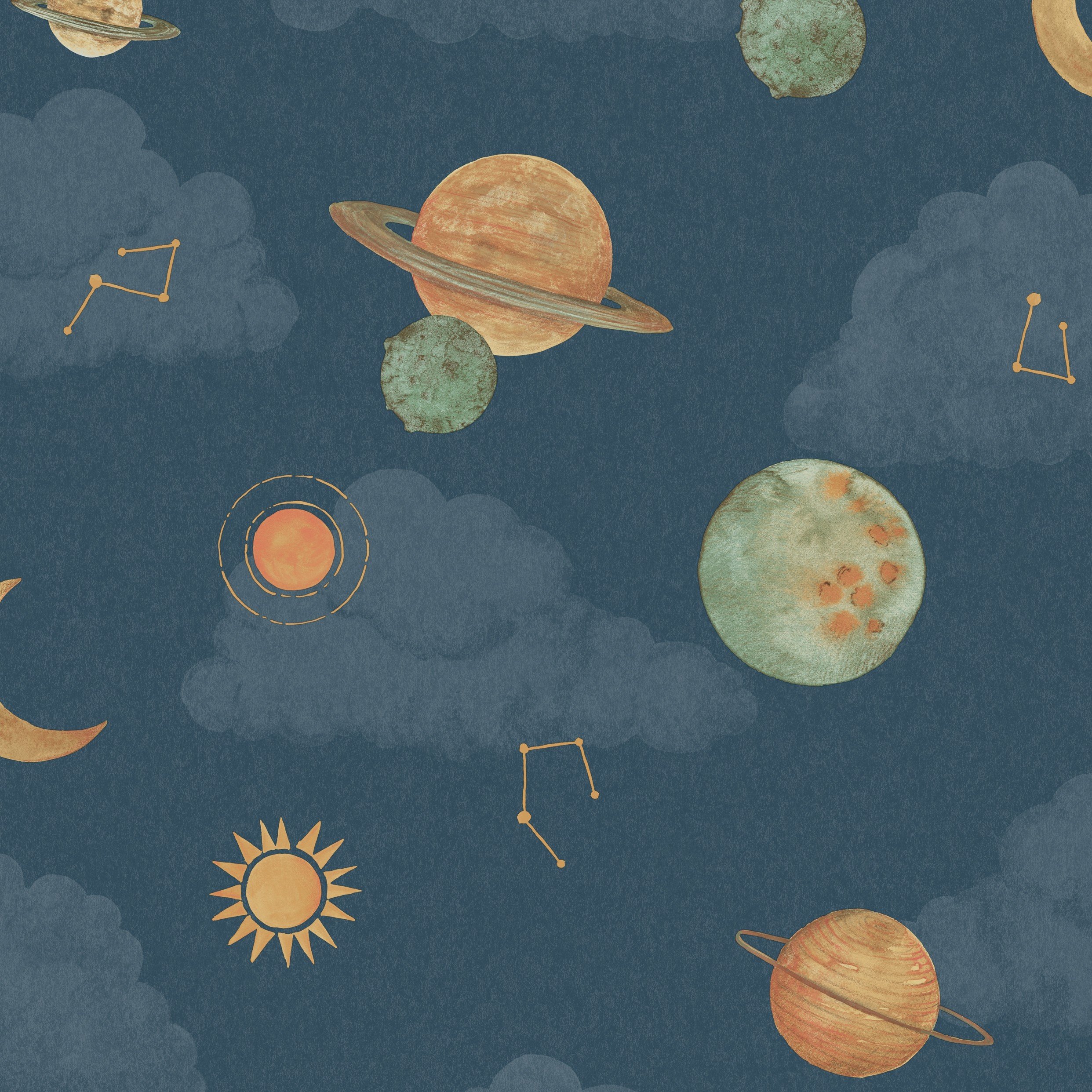Grandeco Maury Planets and Constellations Nursery Textured Wallpaper - Blue