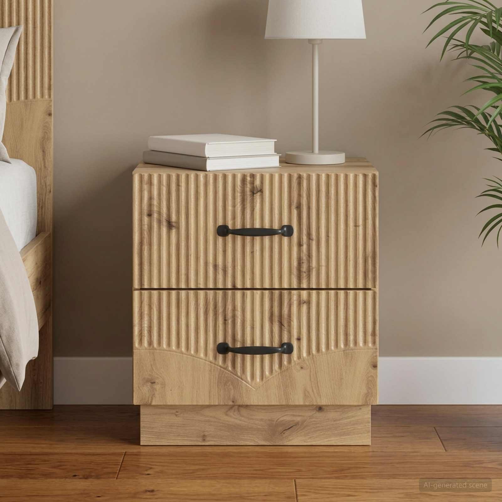 Walplus 2 Drawer Bedside Cabinet - Oak - 43 x 34.5 x 44.5 cm