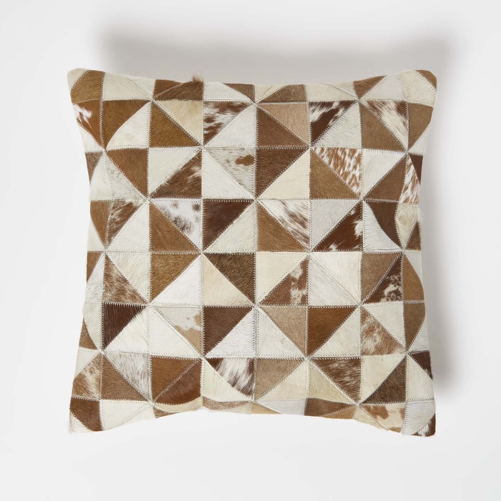 Homescapes Brown and Cream Diamond Check Leather Cushion - 45 x 45 cm