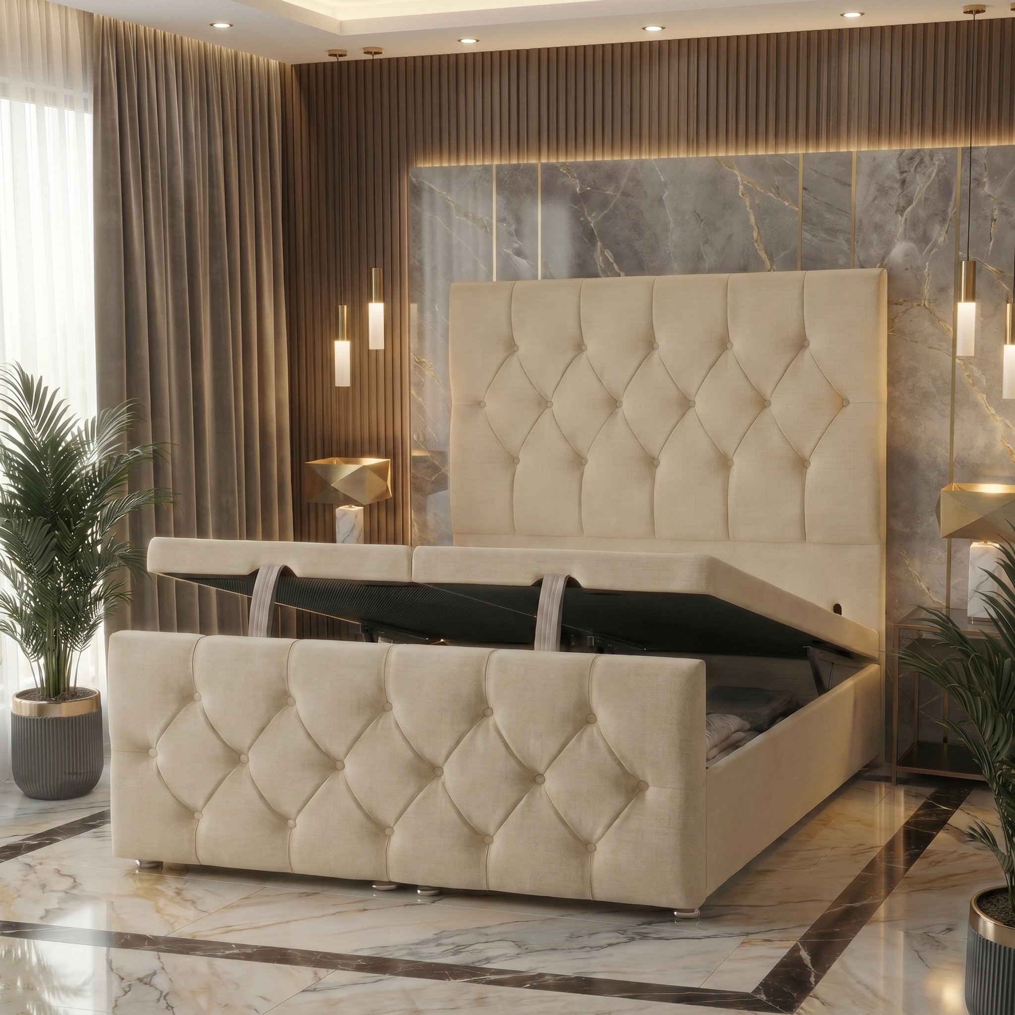 Somnior Chester Linen Small Single Ottoman Divan Bed with Footboard - Beige