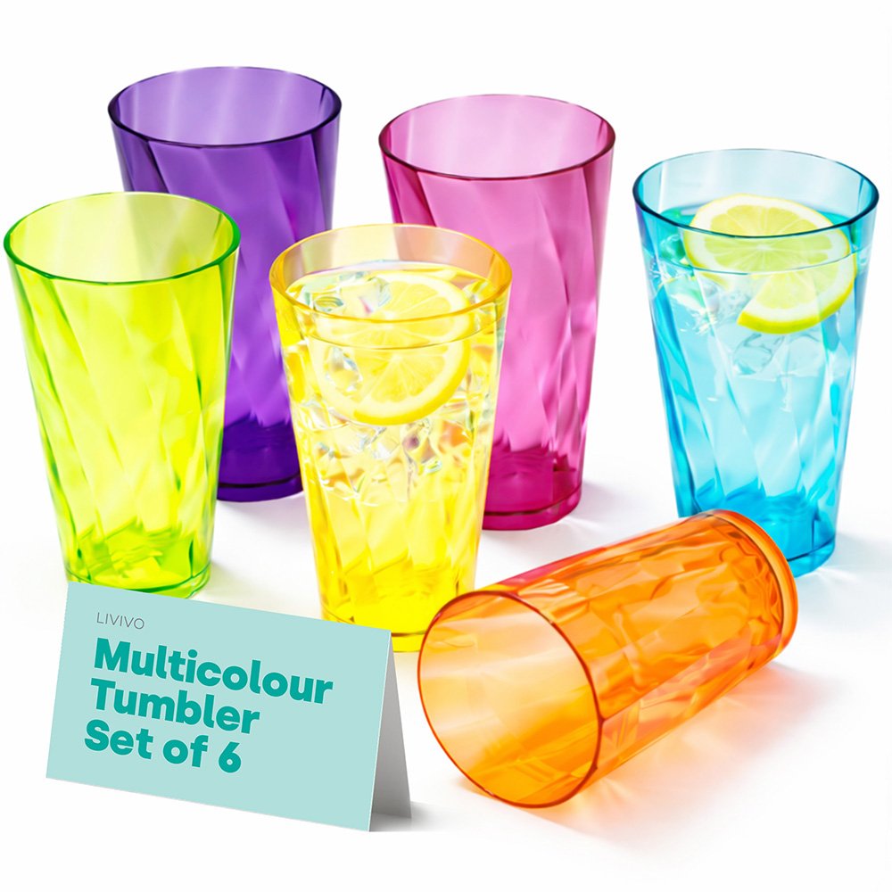 LIVIVO Set of 6 Swirl Design Plastic Tumblers - 600ml - Multicolour