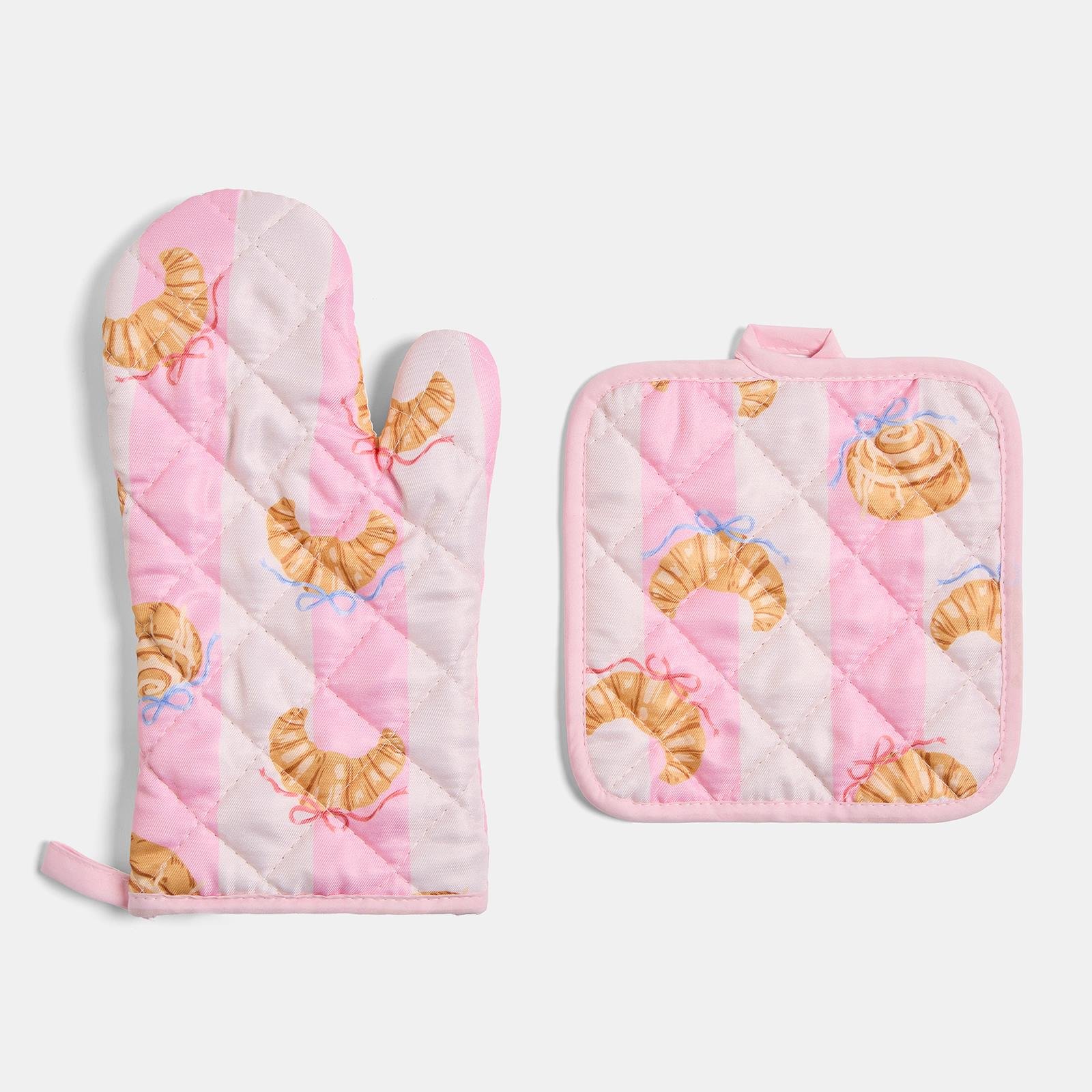 OHS Croissant Print Oven Mit & Pot Stand Set - Pink/White
