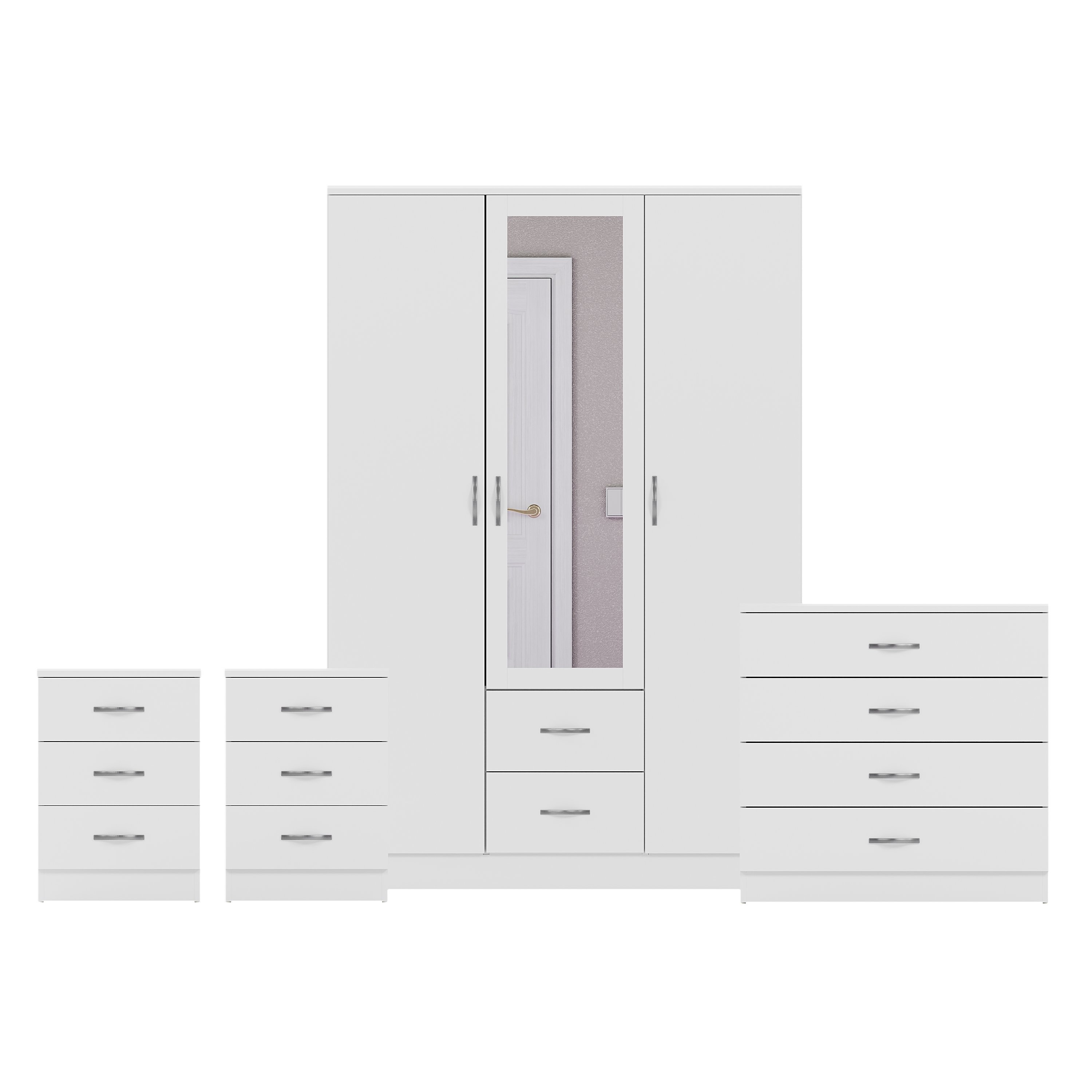 Vida Designs Riano Bedroom Set (Bedsides, 4 Drawer Chest, Mirror Wardrobe)-White