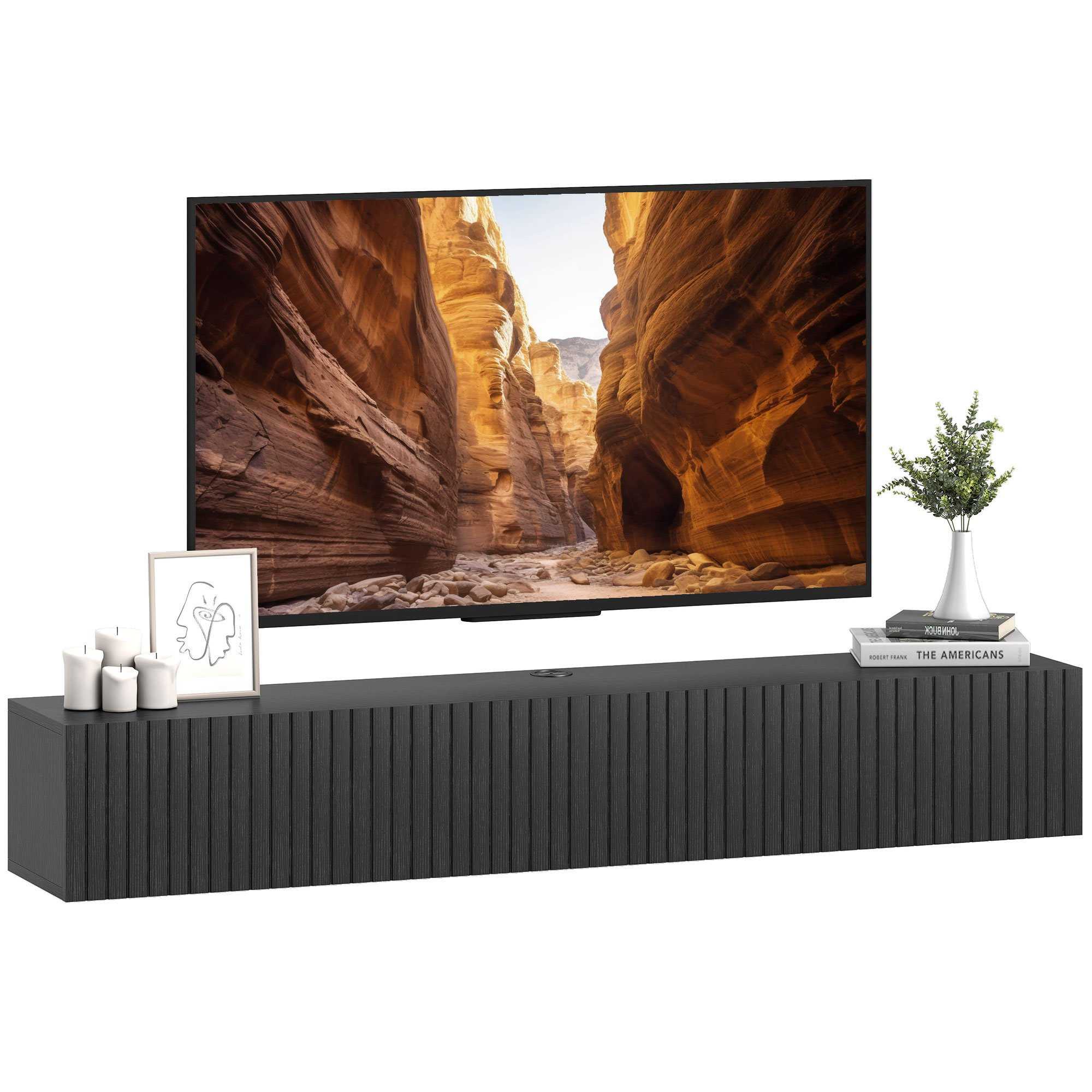 HOMCOM 140cm Fluted Flip-Down Doors Wall Mount TV Stand Cabinet - Black