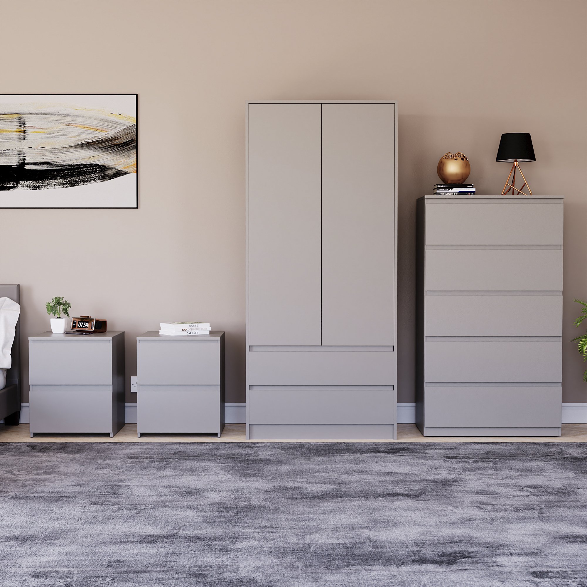 Vida Designs Denver Bedroom Set (2x Bedside, 5 Drawer Chest, Wardrobe) - Grey