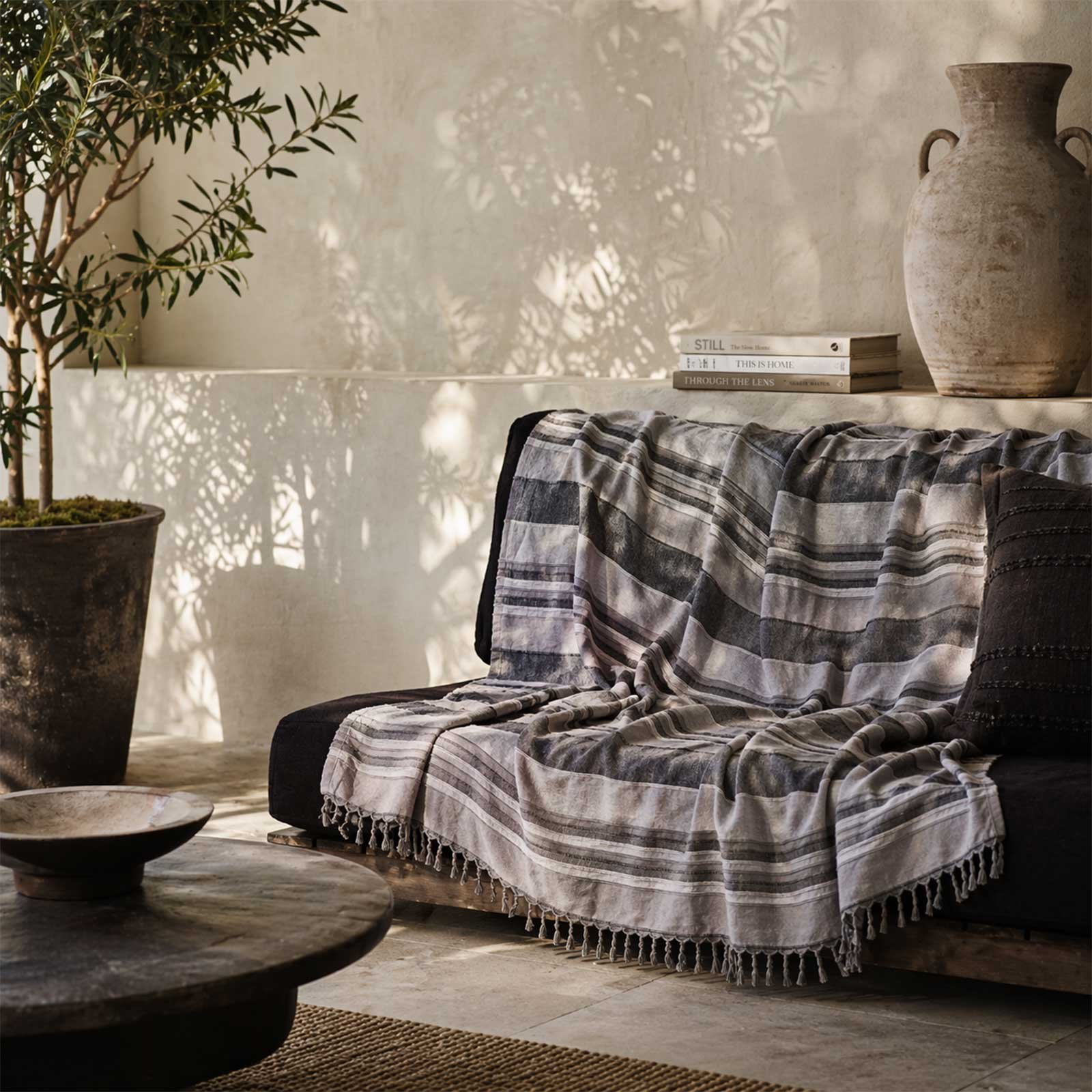 Homescapes Cotton Morocco Striped Throw - 150 x 200 cm - Grey