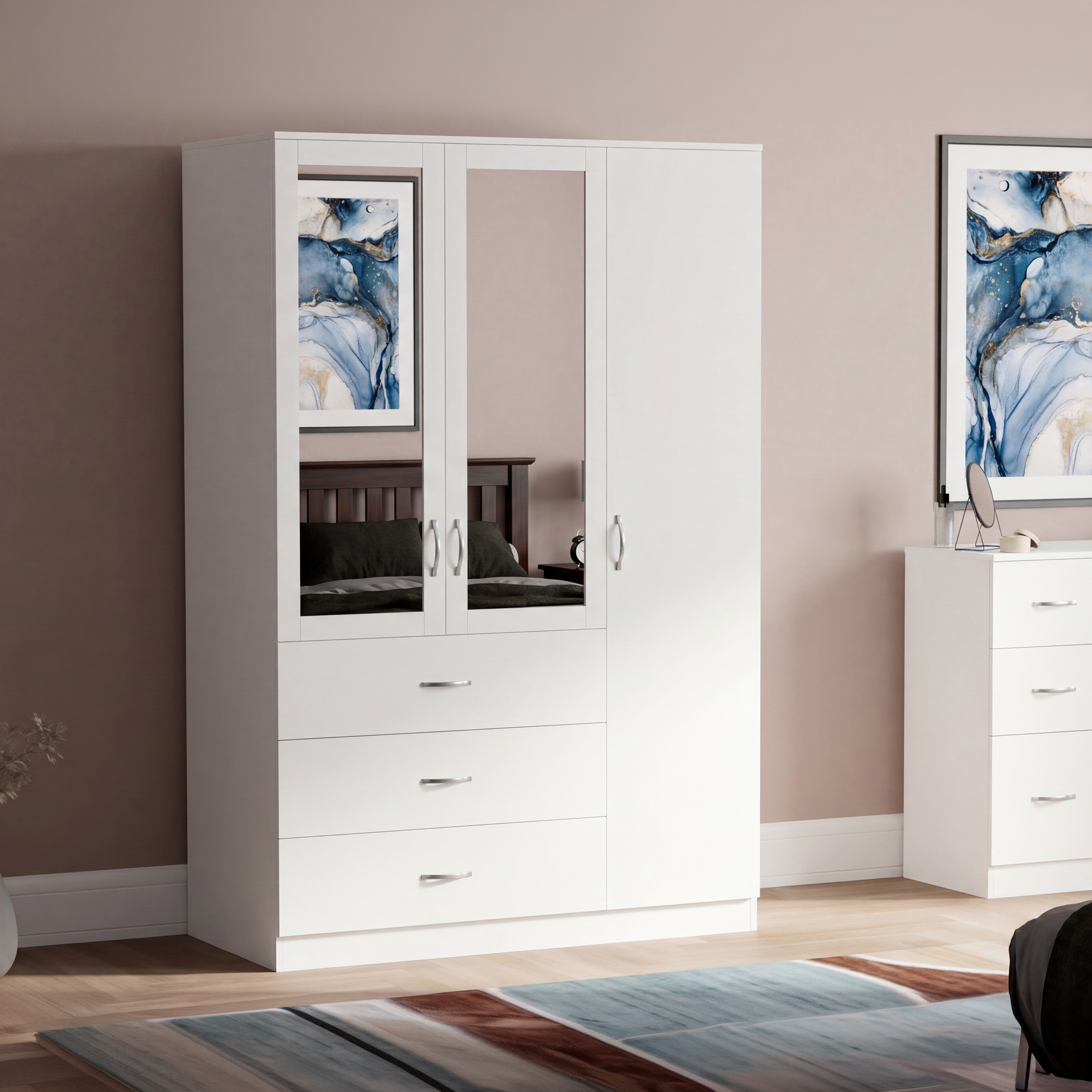 Vida Designs Riano 3 Door 3 Drawer Mirrored Wardrobe - White