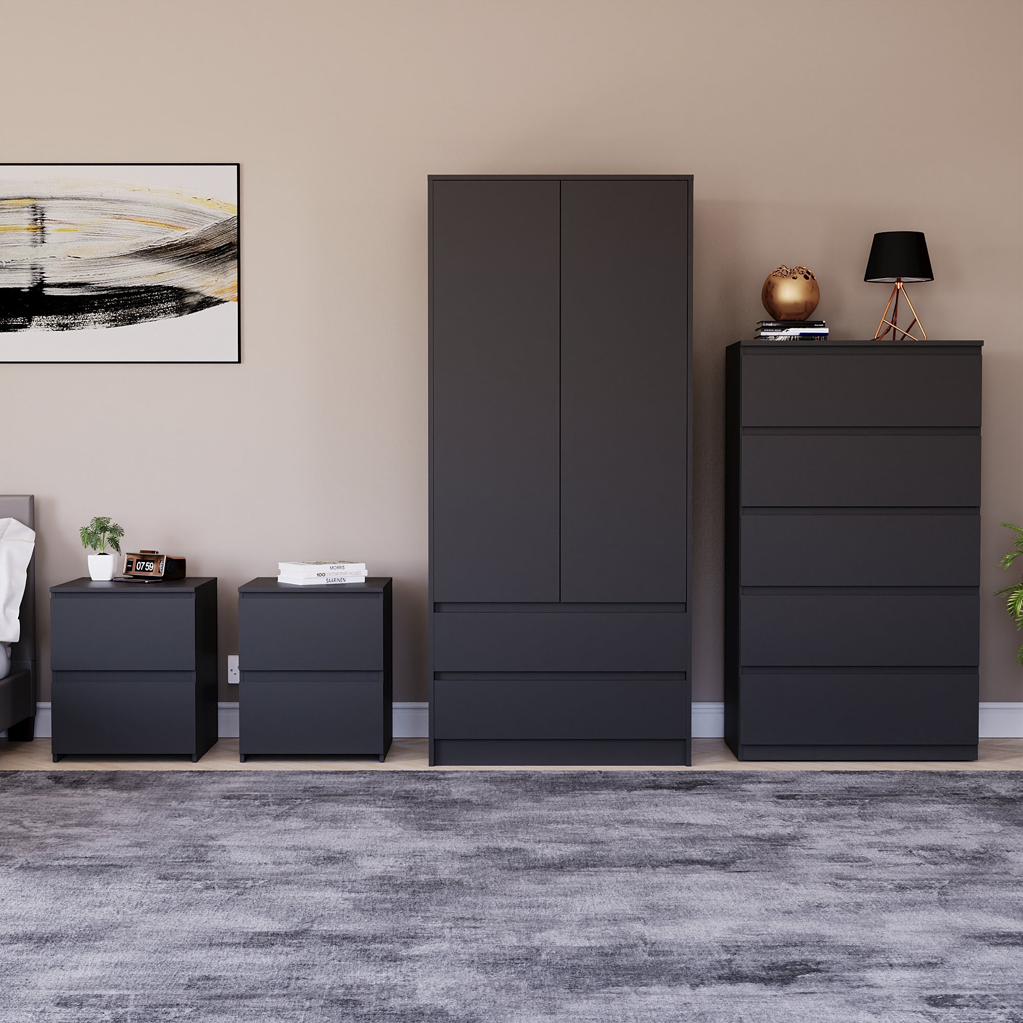 Vida Designs Denver Bedroom Set (2x Bedside, 5 Drawer Chest, Wardrobe) - Black