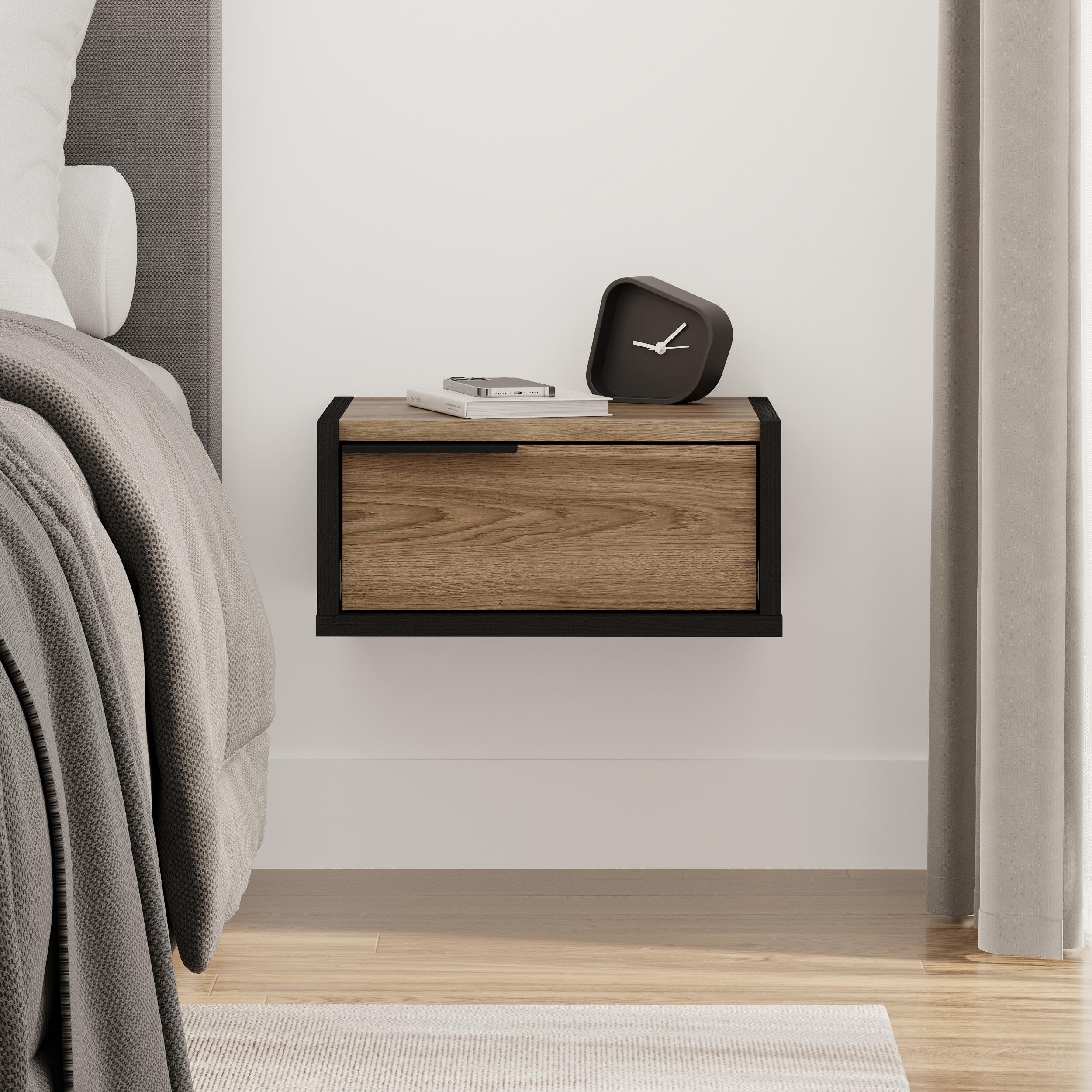 Decortie Eco Particleboard Wall-Mounted Bedside Shelf - Black Ash / Whiskey Oak