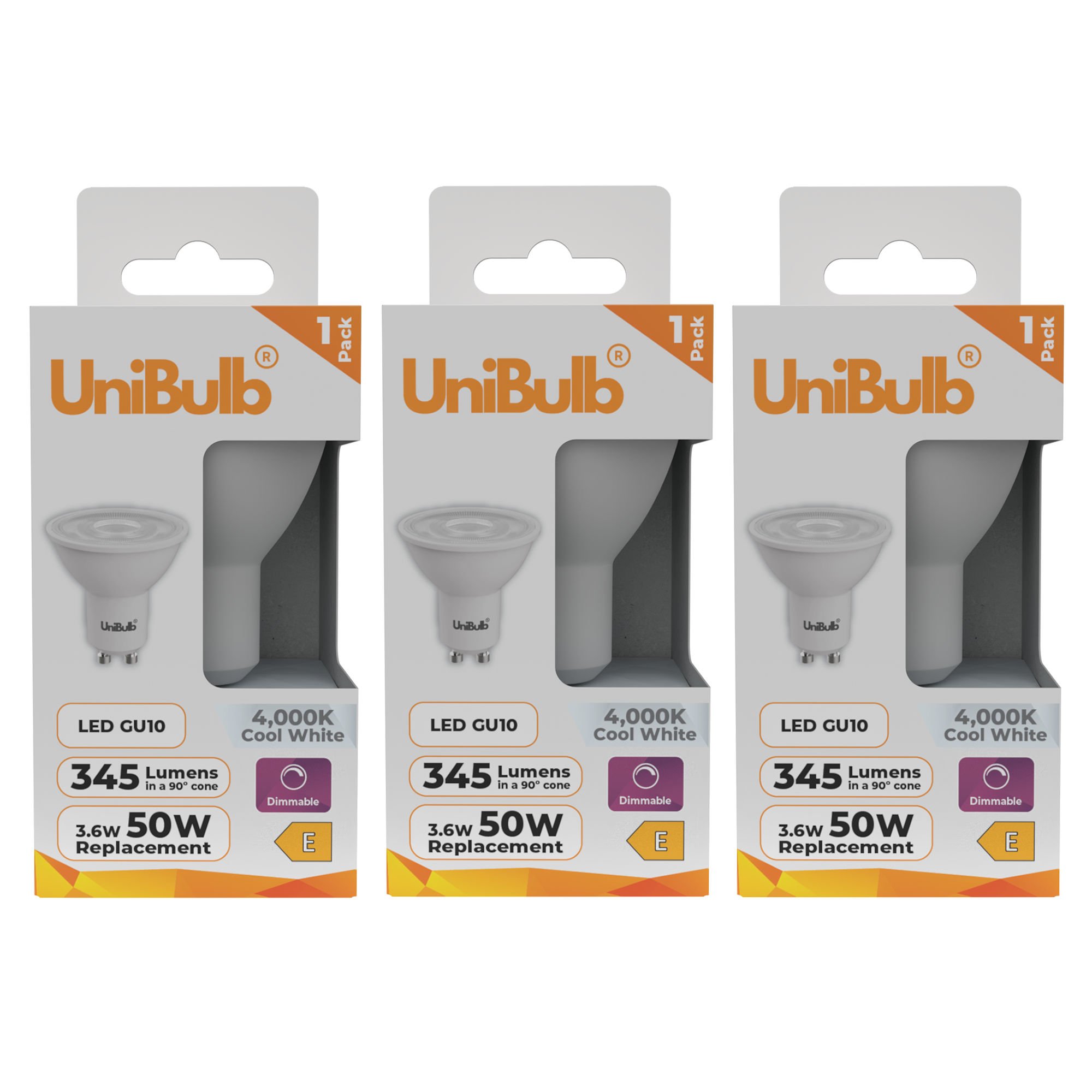 UniBulb 3.6W LED Cool White Dimmable Spotlight GU10 Light Bulb - Pack of 3