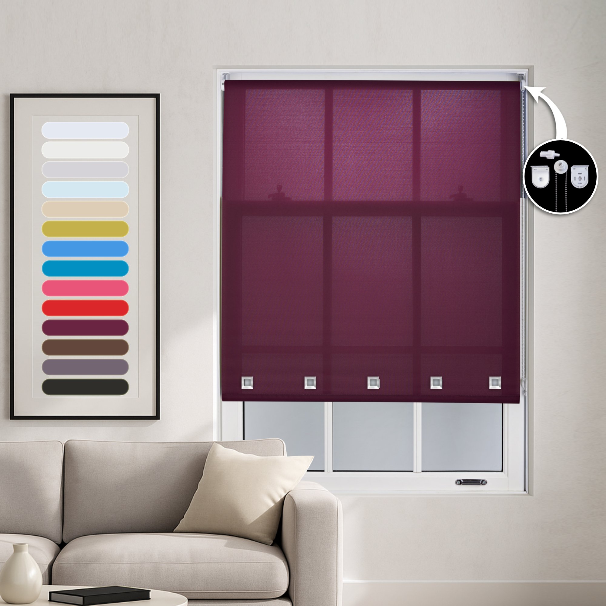 Furnished Aubergine Daylight Roller Blind with Square Eyelets - 60cm x 165cm