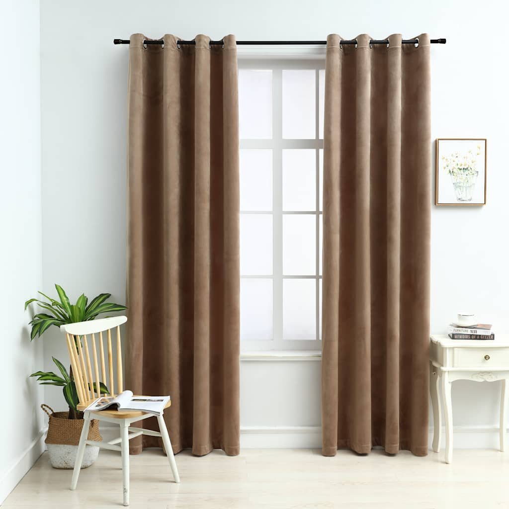 Walplus Pack of 2 Velvet Ring Top Blackout Curtains - Beige - 140 x 245 cm