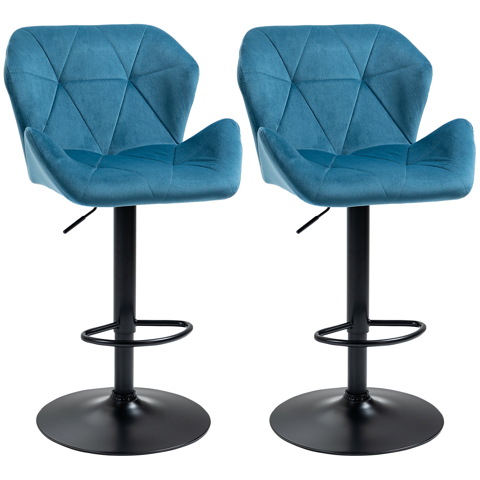 HOMCOM Set of 2 Velvet Metal Frame Adjustable Swivel Bar Stools – Blue
