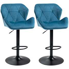 HOMCOM Set of 2 Velvet Metal Frame Adjustable Swivel Bar Stools – Blue