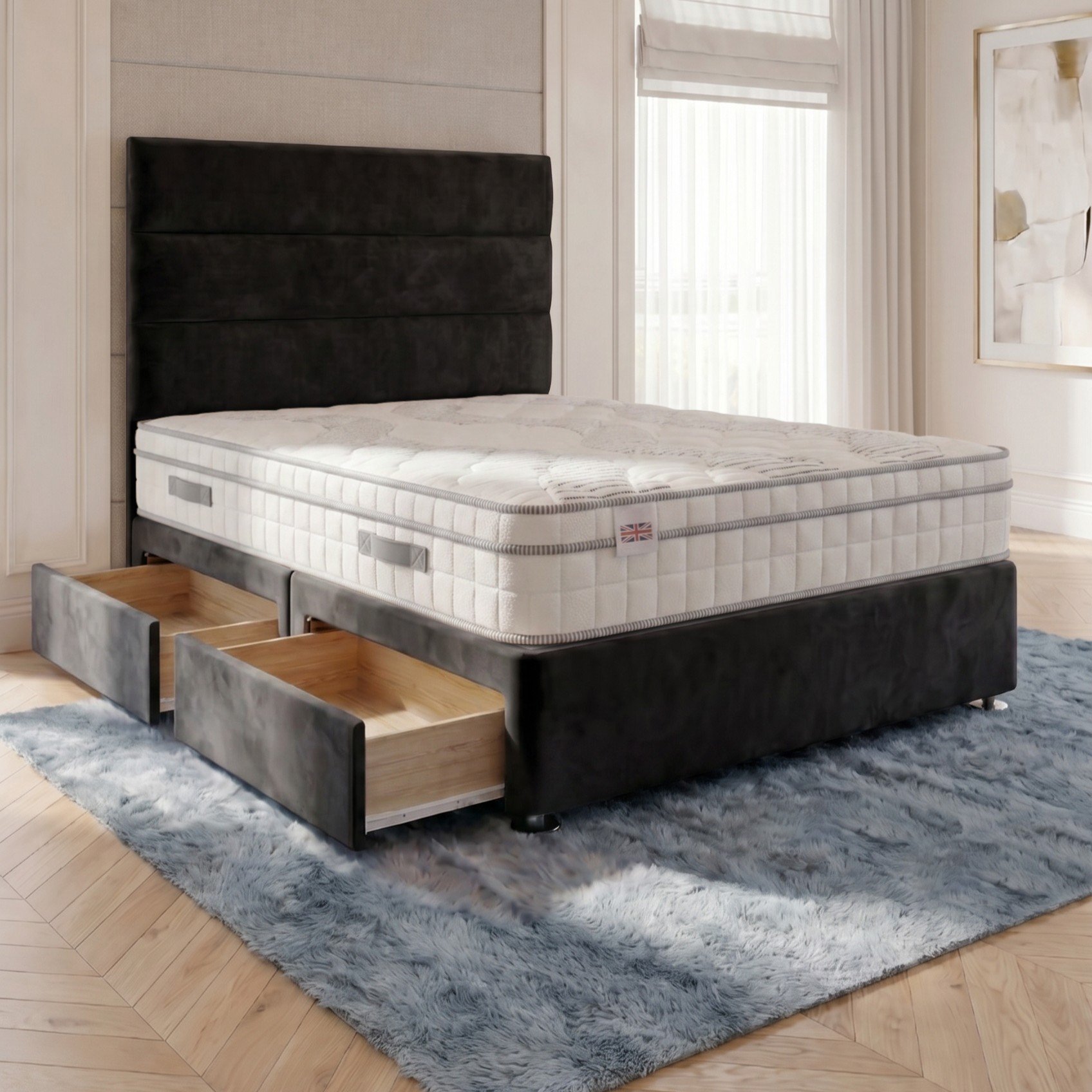 Somnior Regent Velvet Single 2 Drawer Pocket Mattress Divan Bed Set - Black