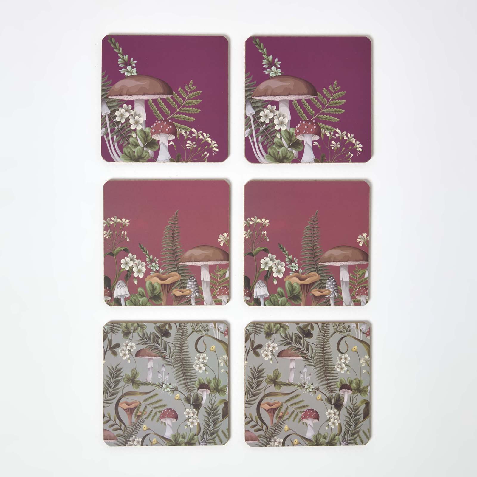 Homescapes Pack of 6 Mushroom Design Cork Coasters - Multicoloured
