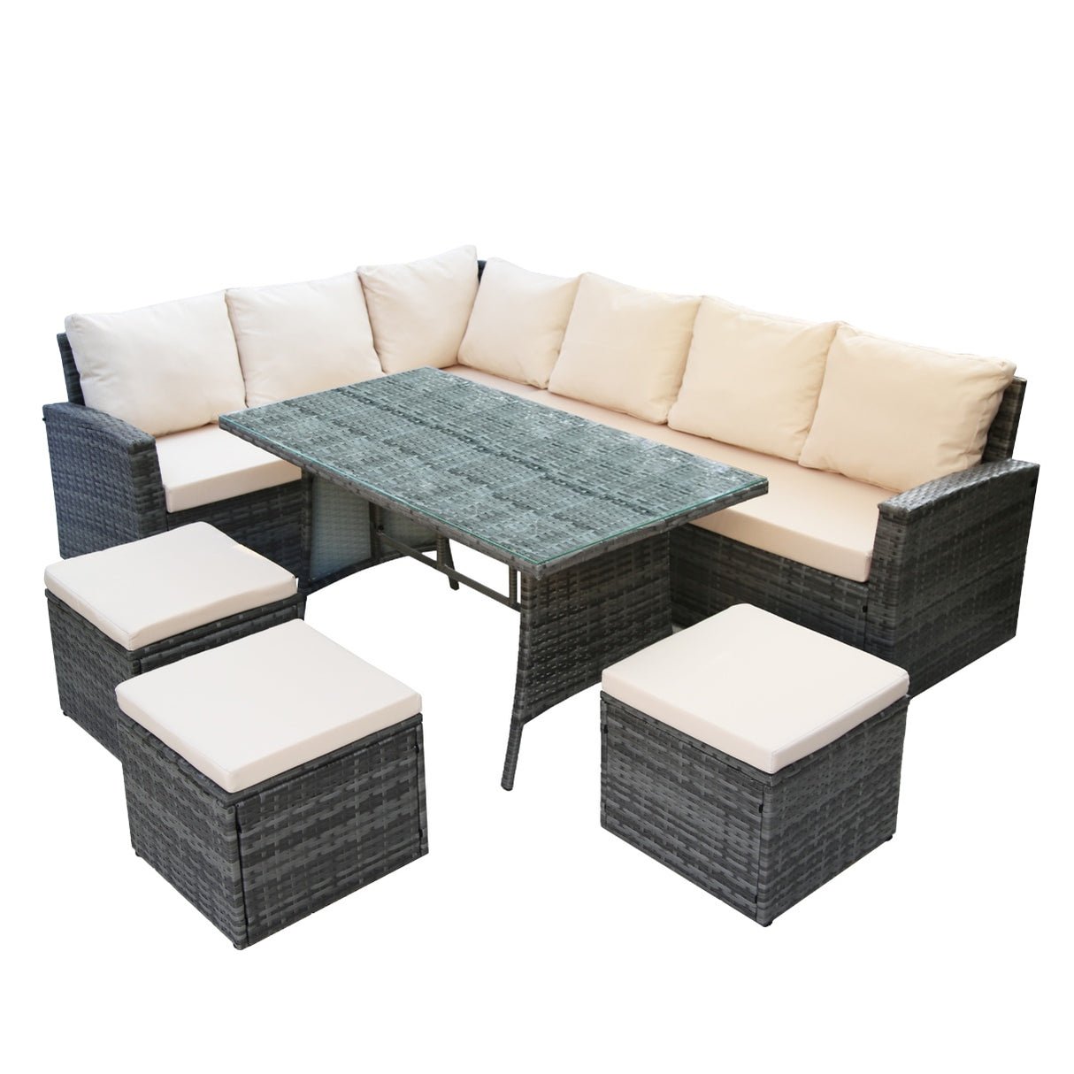 HomeGardenDirect Pelias 9 Seater Corner Sofa Set with Glass Table - Beige