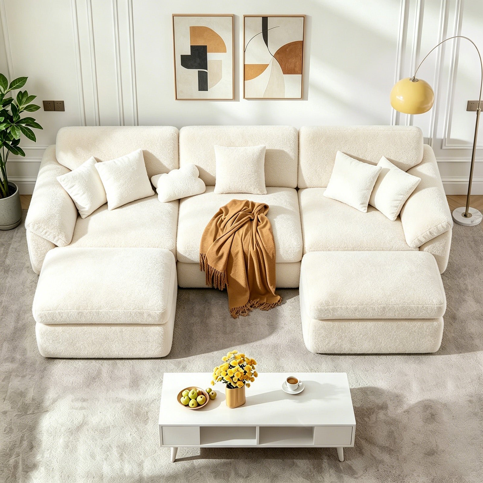 Rattantree Ice Velvet 5 Seat U Shaped Sectional Sofa - Beige