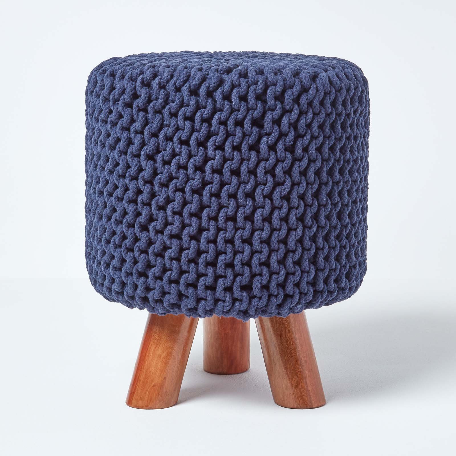 Homescapes Tall Cotton Knitted Footstool with Legs – Navy