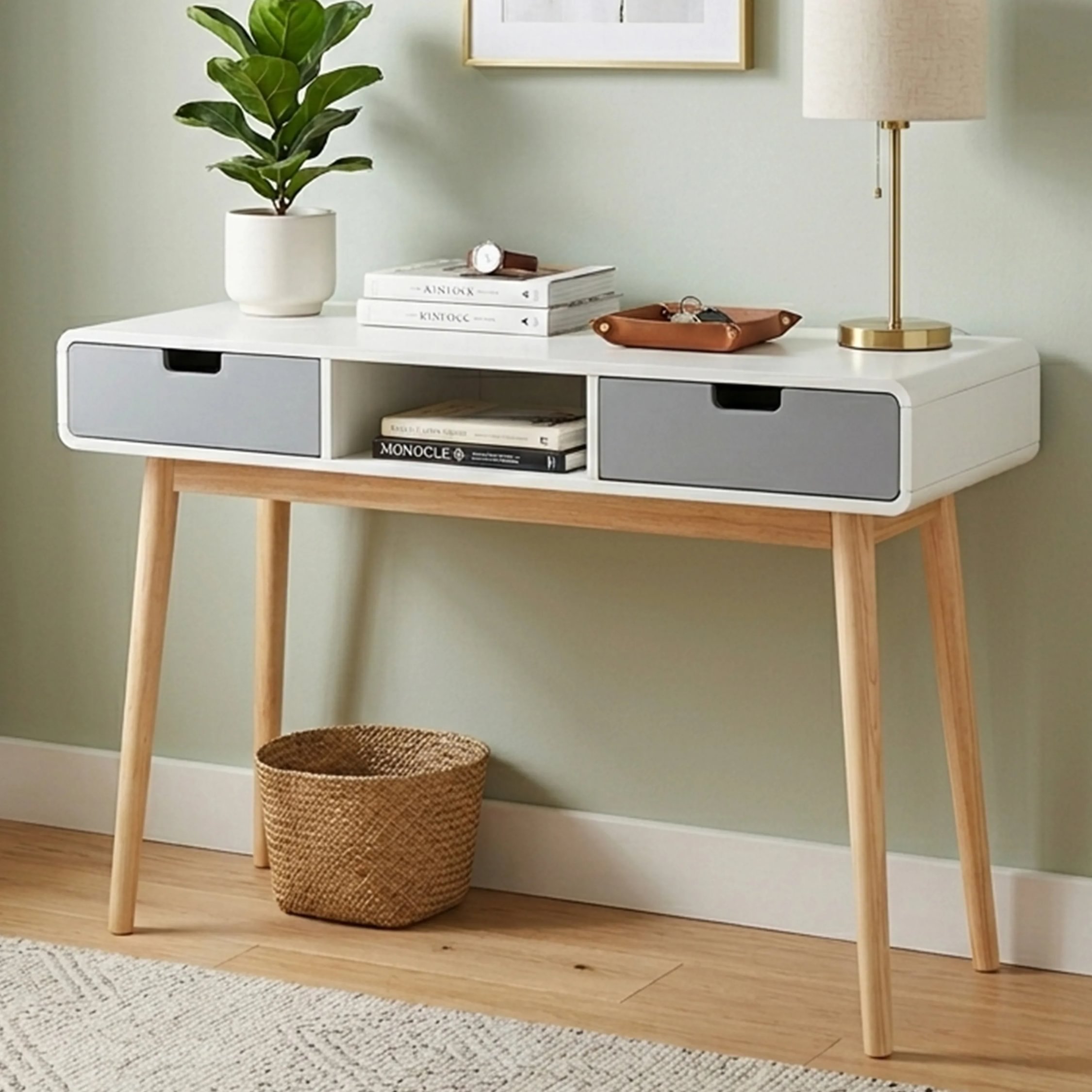 Orsina Milo 2 Drawer Pine Wood Console Table – White and Grey