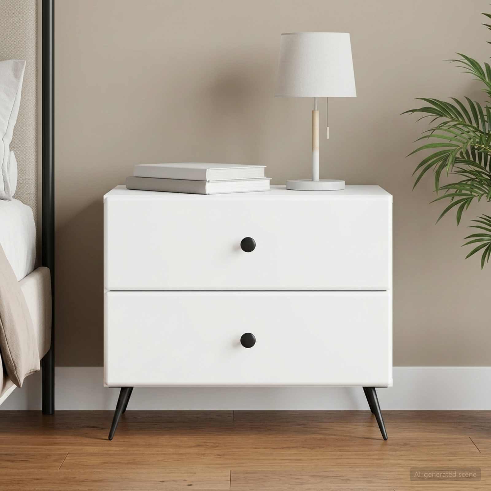 Walplus Engineered Wood Nightstand - White - 62 x 34.5 x 47.5 cm