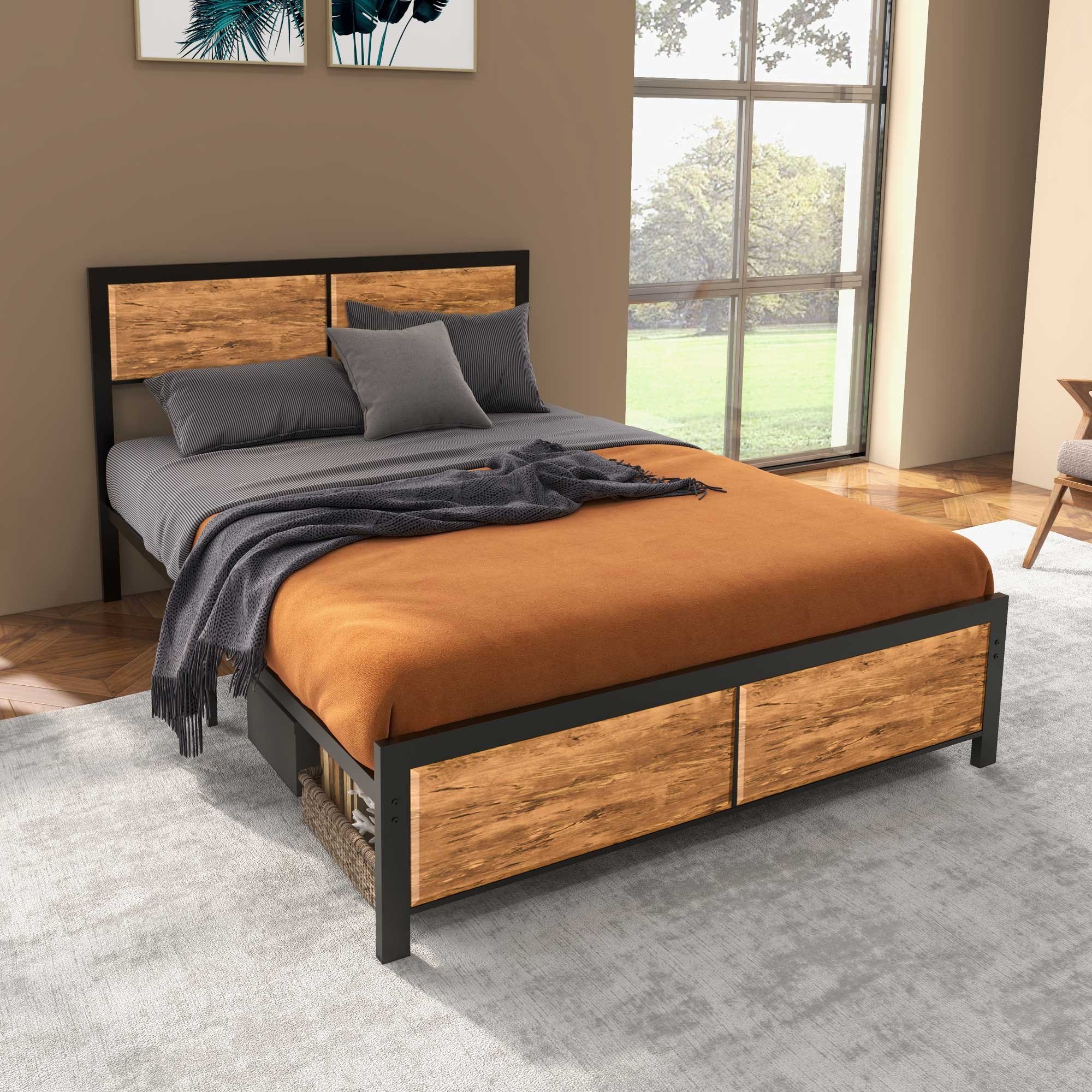 HOMCOM 5FT Steel Industrial Double Bed Frame - Rustic Brown