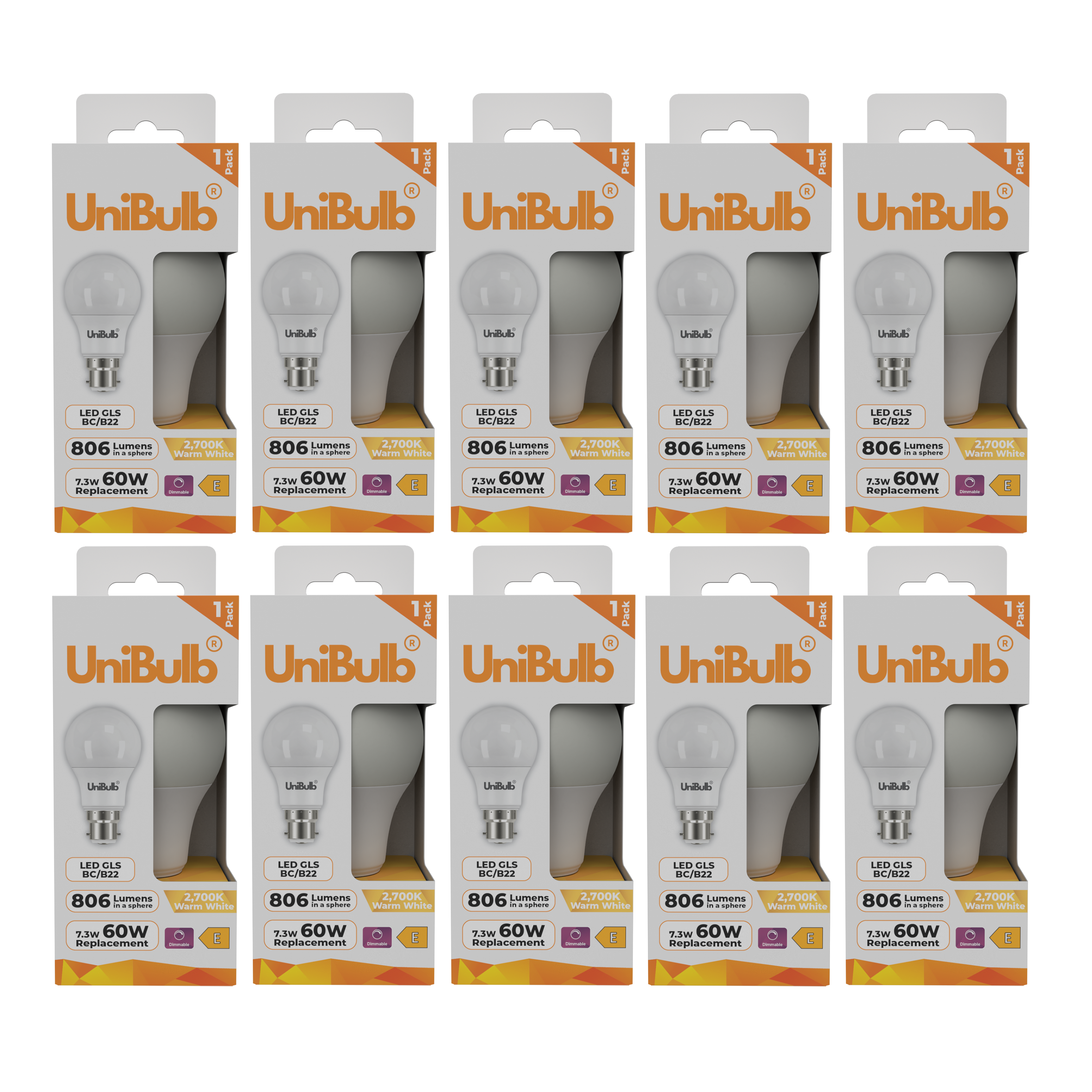 UniBulb 7.3W LED Warm White Dimmable GLS B22 Light Bulb - Pack of 10