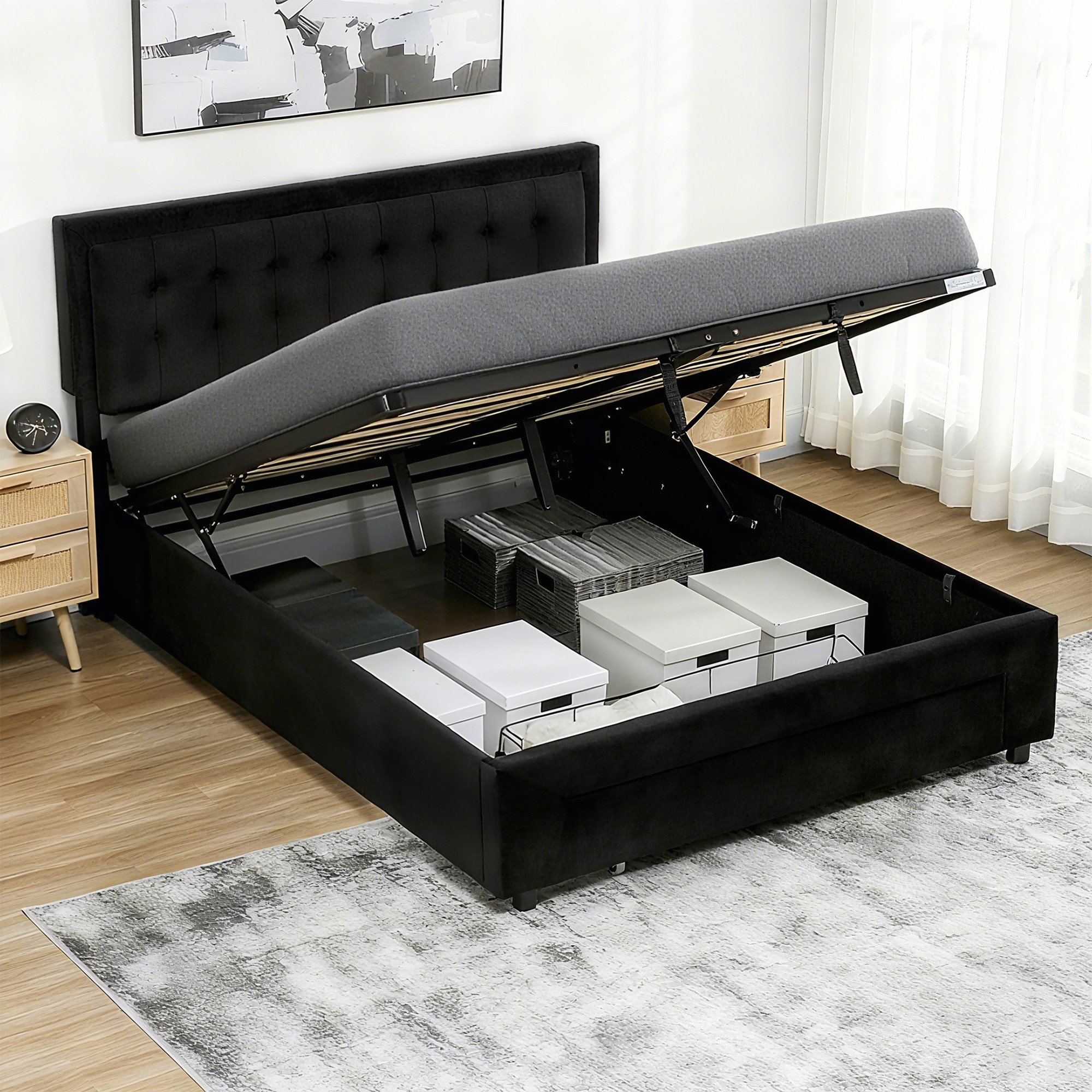HOMCOM 5ft King Bed Frame with Storage Drawer and Adjustable Headboard - Black