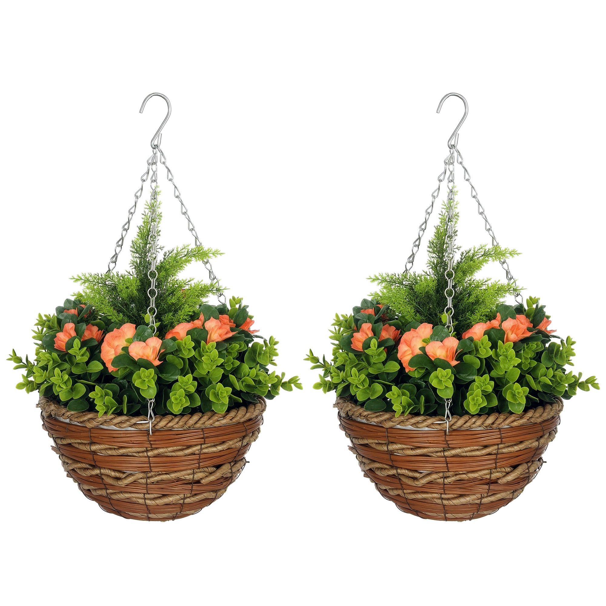 Outsunny Set of 2 Hanging Artificial Lisianthus Flowers with Basket - Orange