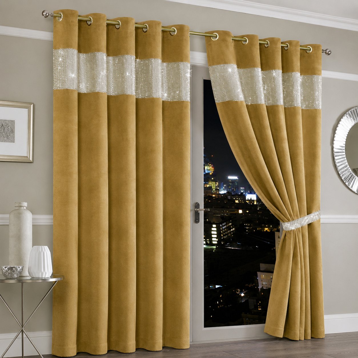New Edge Blinds Ochre Diamante Blackout Eyelet Curtains - 167cm x 137cm