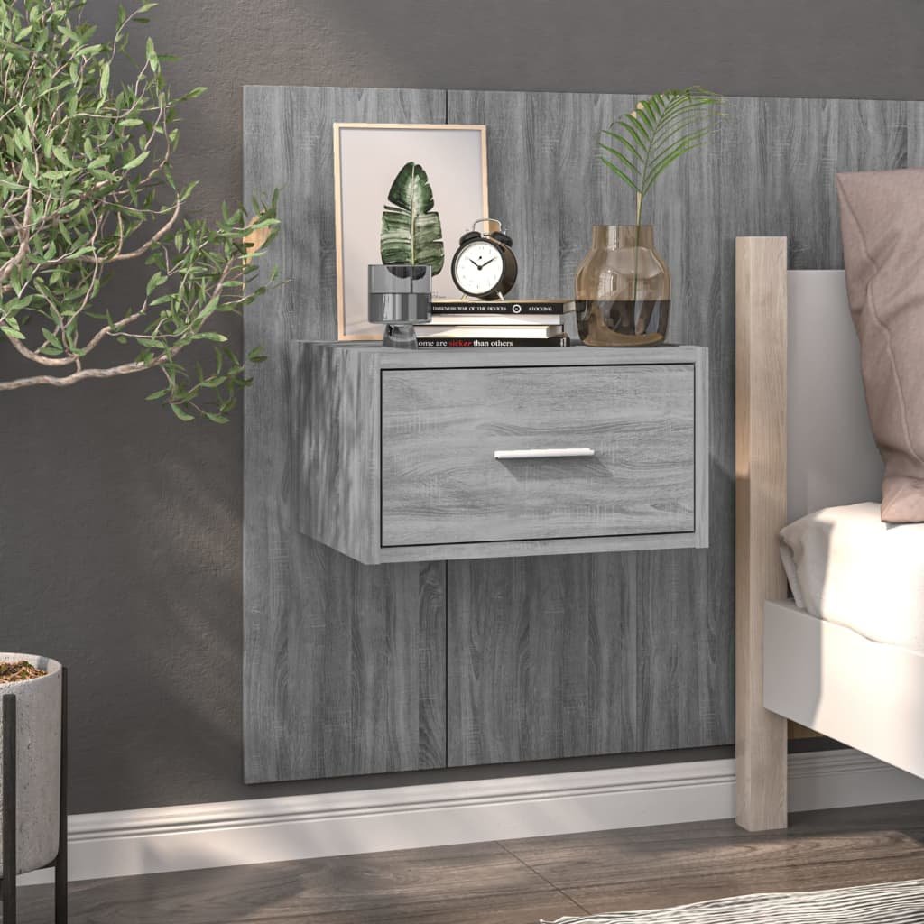 Walplus Wall Mounted Bedside Cabinet - Grey and Oak - 48.5 x 32.5 x 80 cm