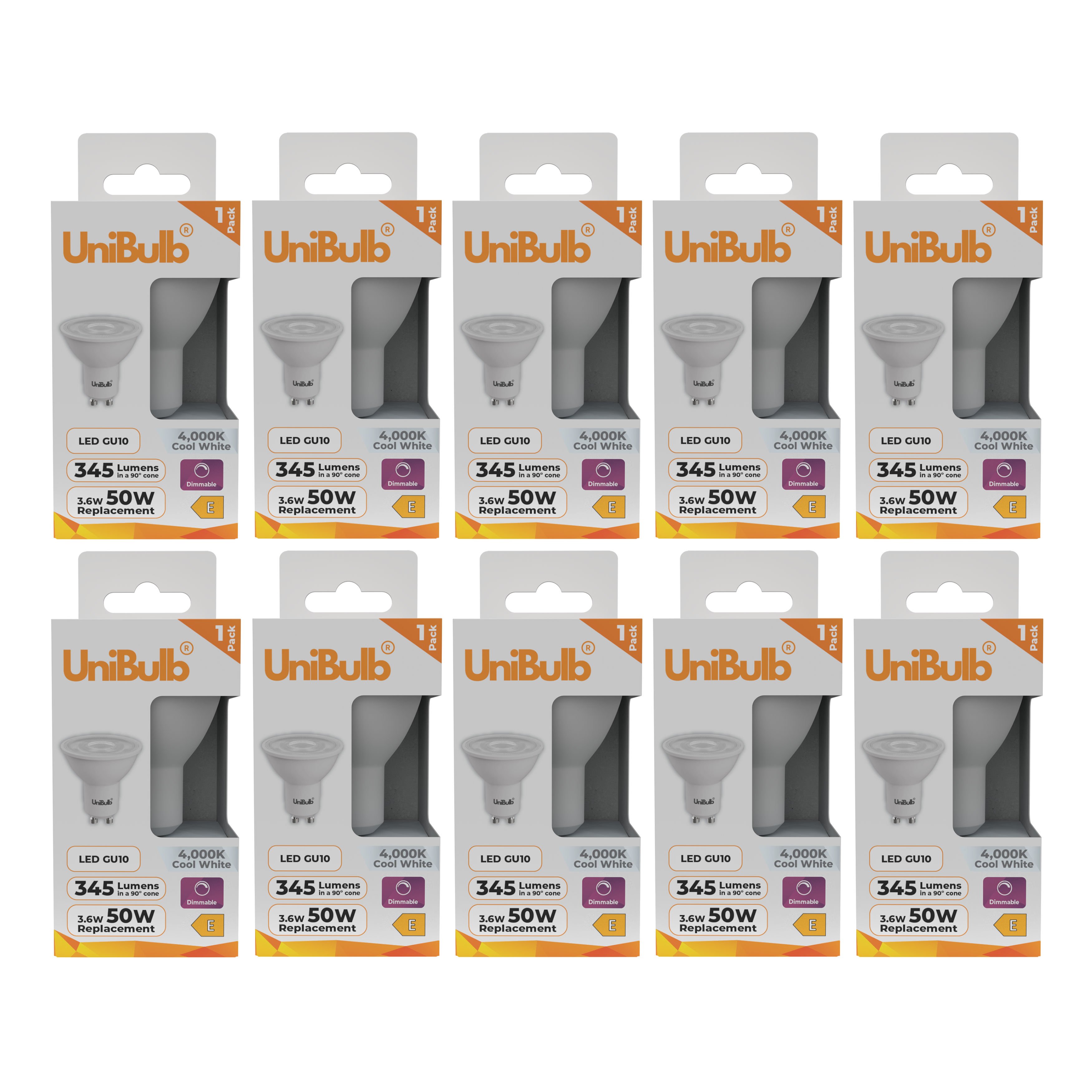 UniBulb 3.6W LED Cool White Dimmable Spotlight GU10 Light Bulb - Pack of 10