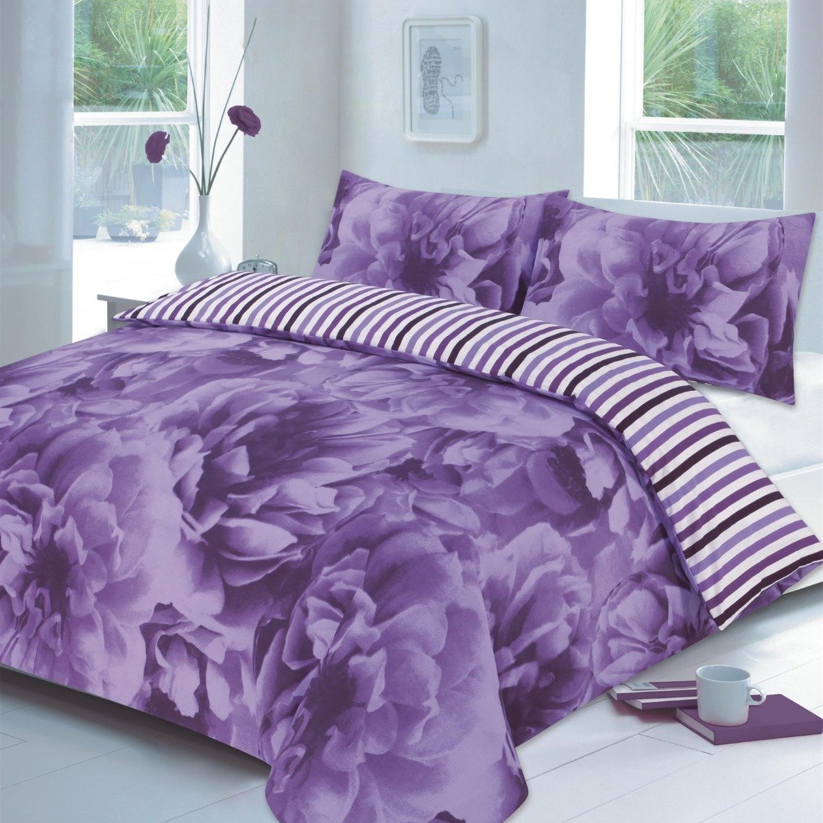HomeSpace Direct Rose Lilac Duvet Cover Set - Double