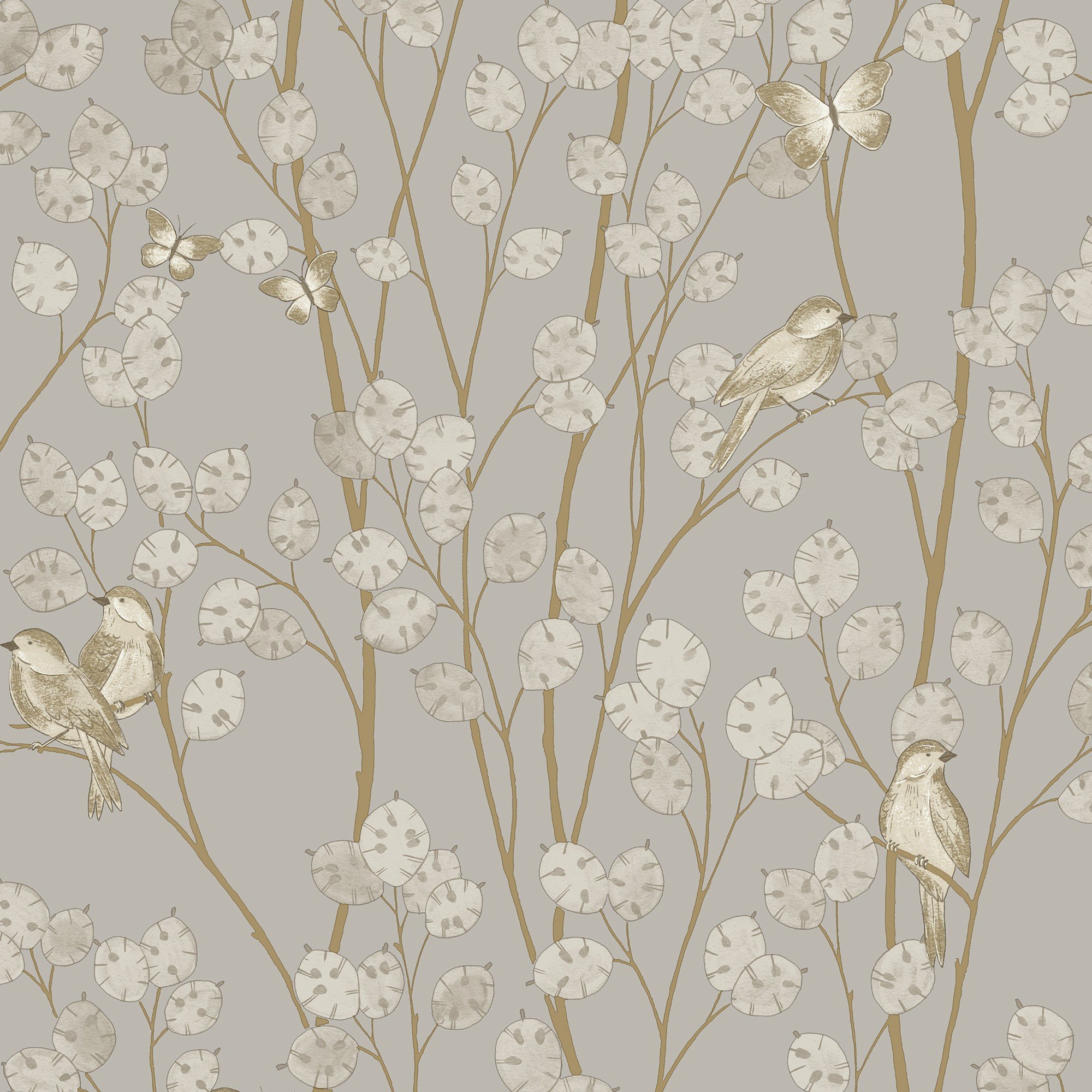 Grandeco Birds Honesty Sprig Textured Wallpaper -  Taupe