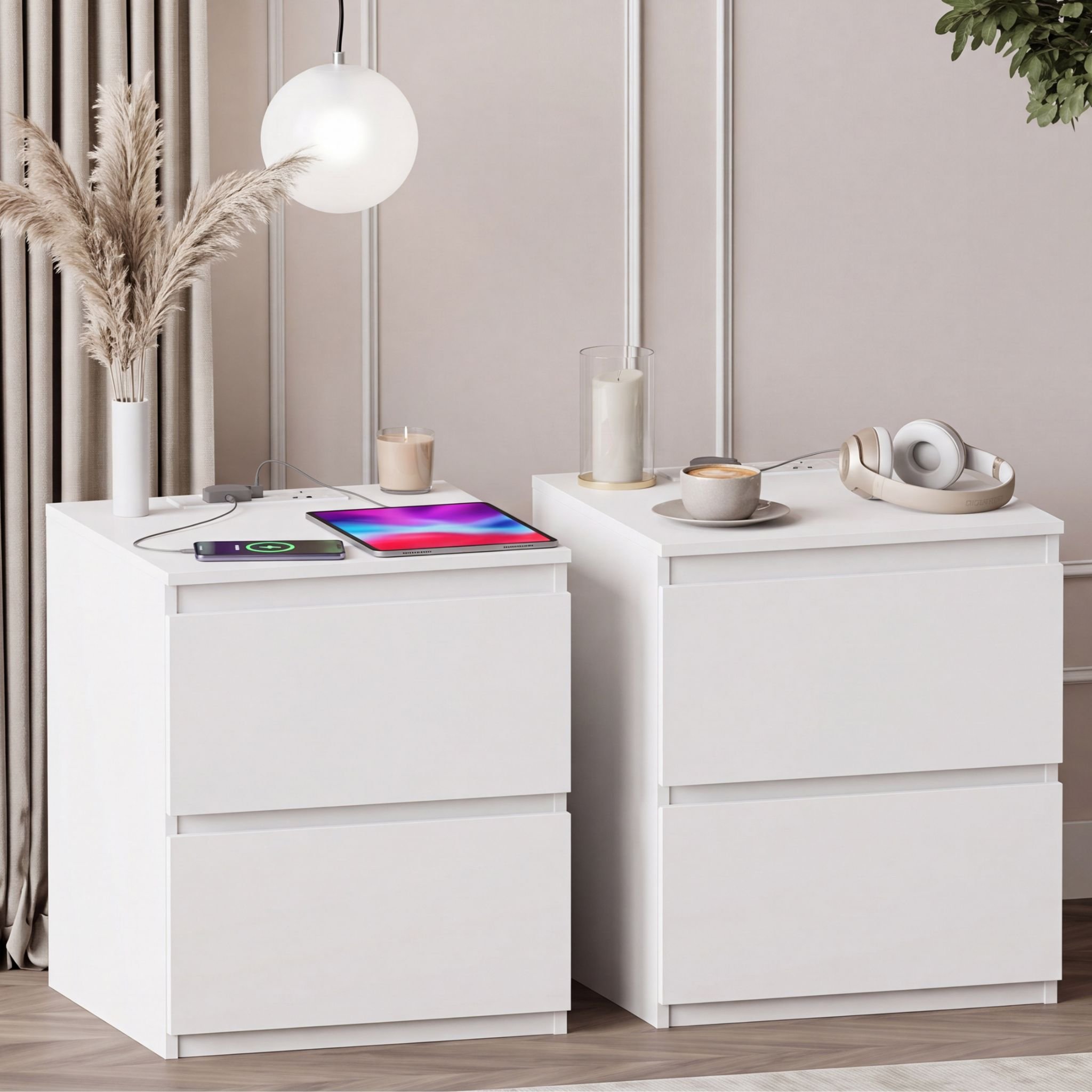 Vida Designs Denver 2 Drawer Bedside with Power Outlet - Set of 2 - White