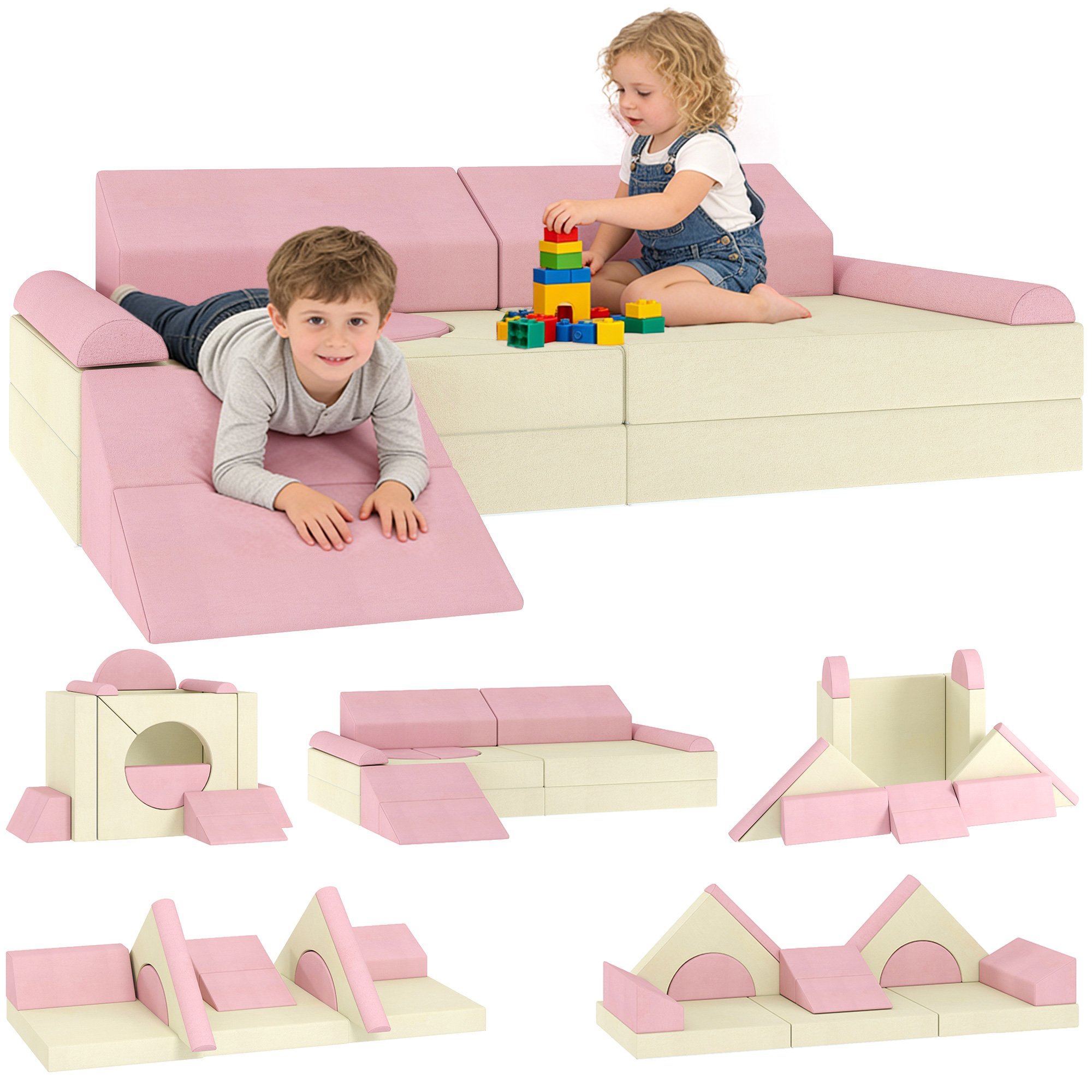 AIYAPLAY 12 Pieces Modular Foam Convertible Kids Sofa Bed - Pink