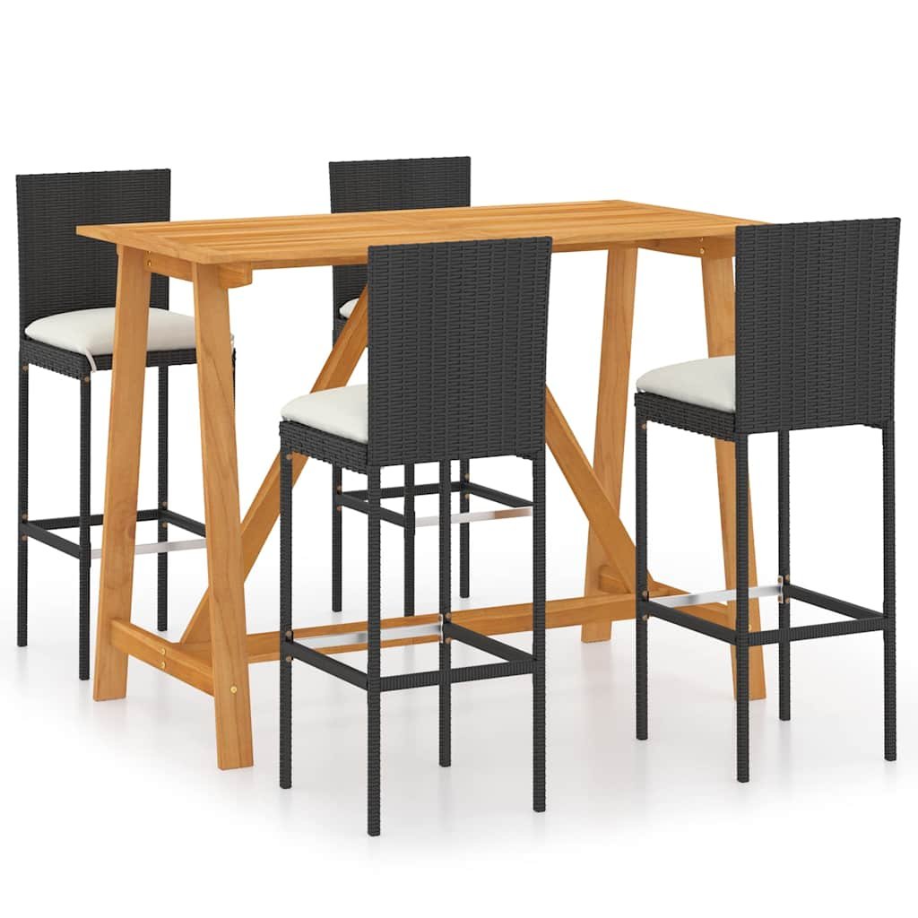 Walplus 5 Piece Poly Rattan Garden Bar Set - Black - 140 x 70 x 104 cm