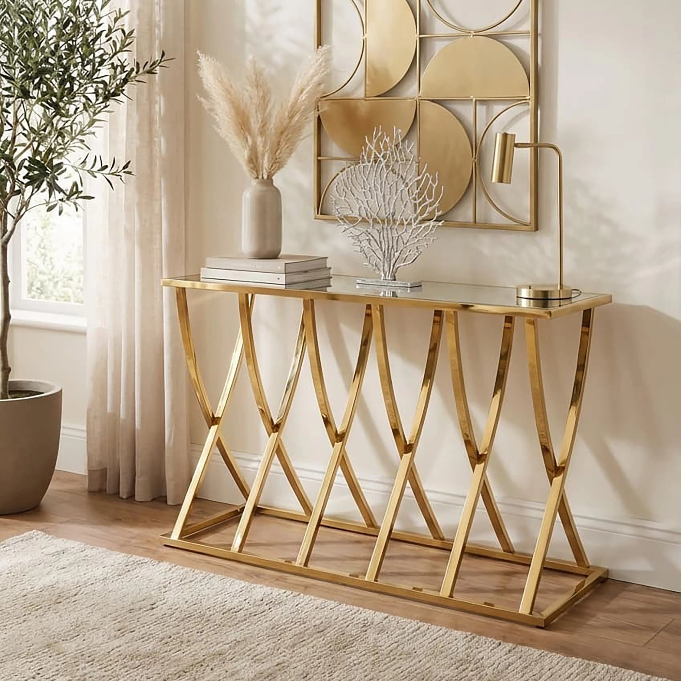 Orsina Reena Mirrored Top Console Table - Gold