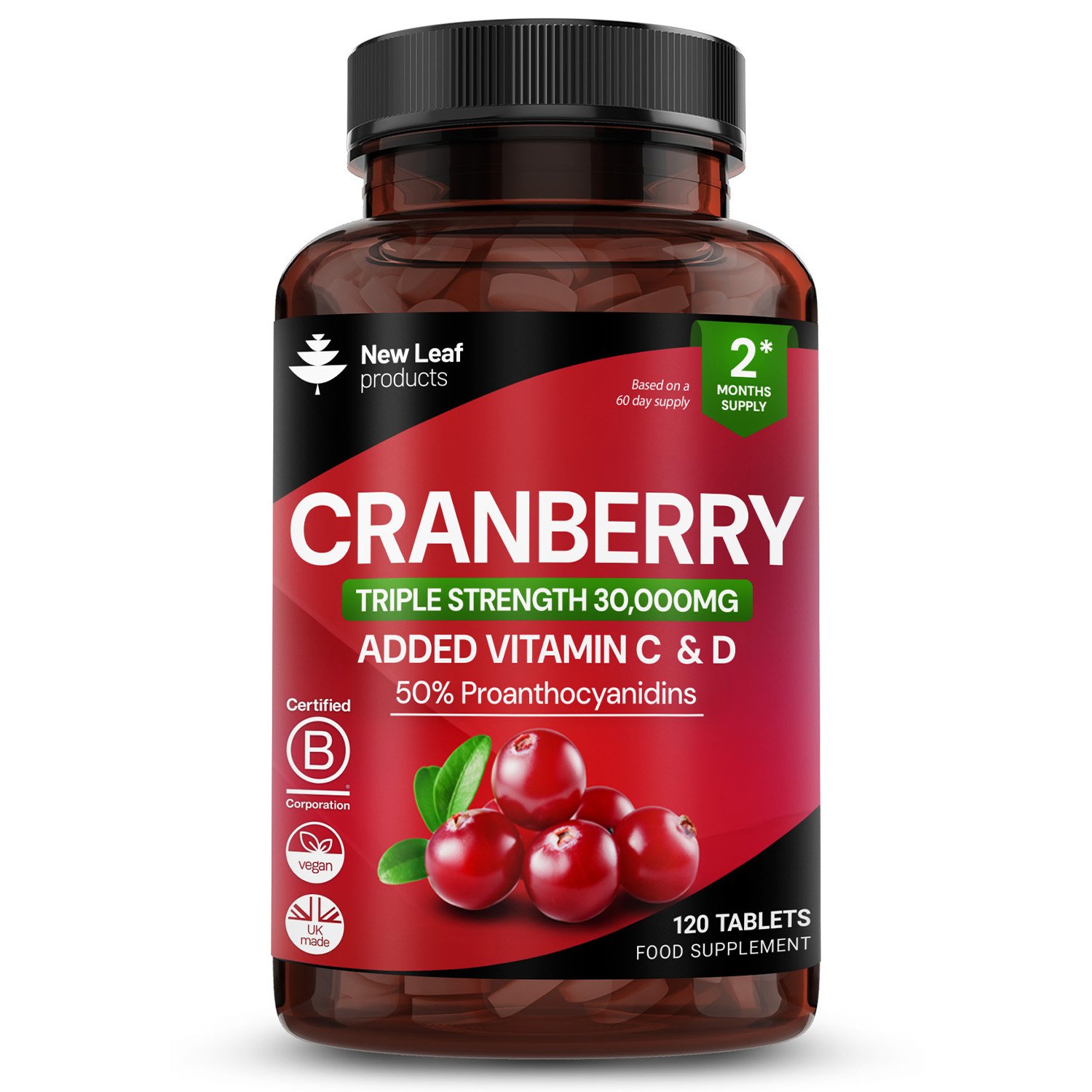 New Leaf Cranberry with Vitamins C & D 30000mg - 120 Tablets