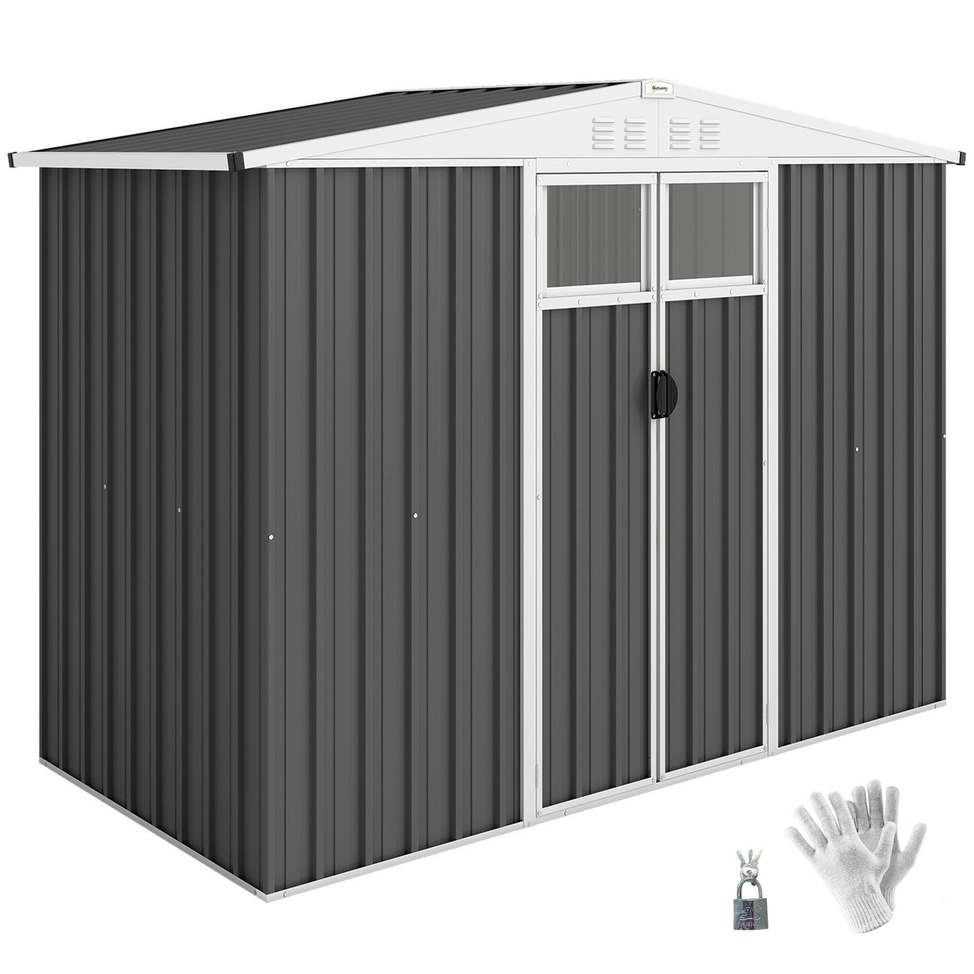 Outsunny Galvanised Steel Lockable Vented Garden Shed – Dark Grey