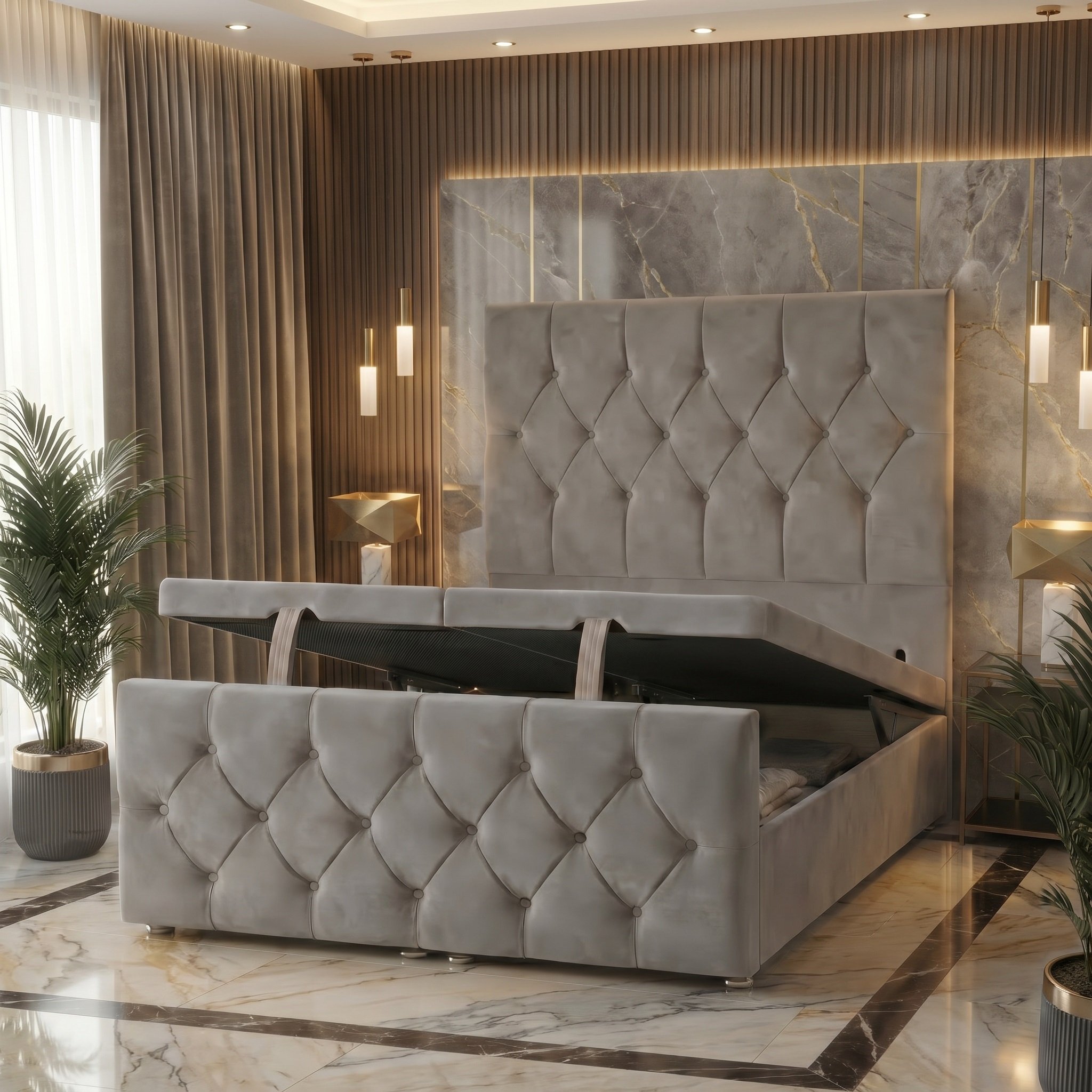 Somnior Chester Velvet King Ottoman Divan Bed with Footboard - Silver