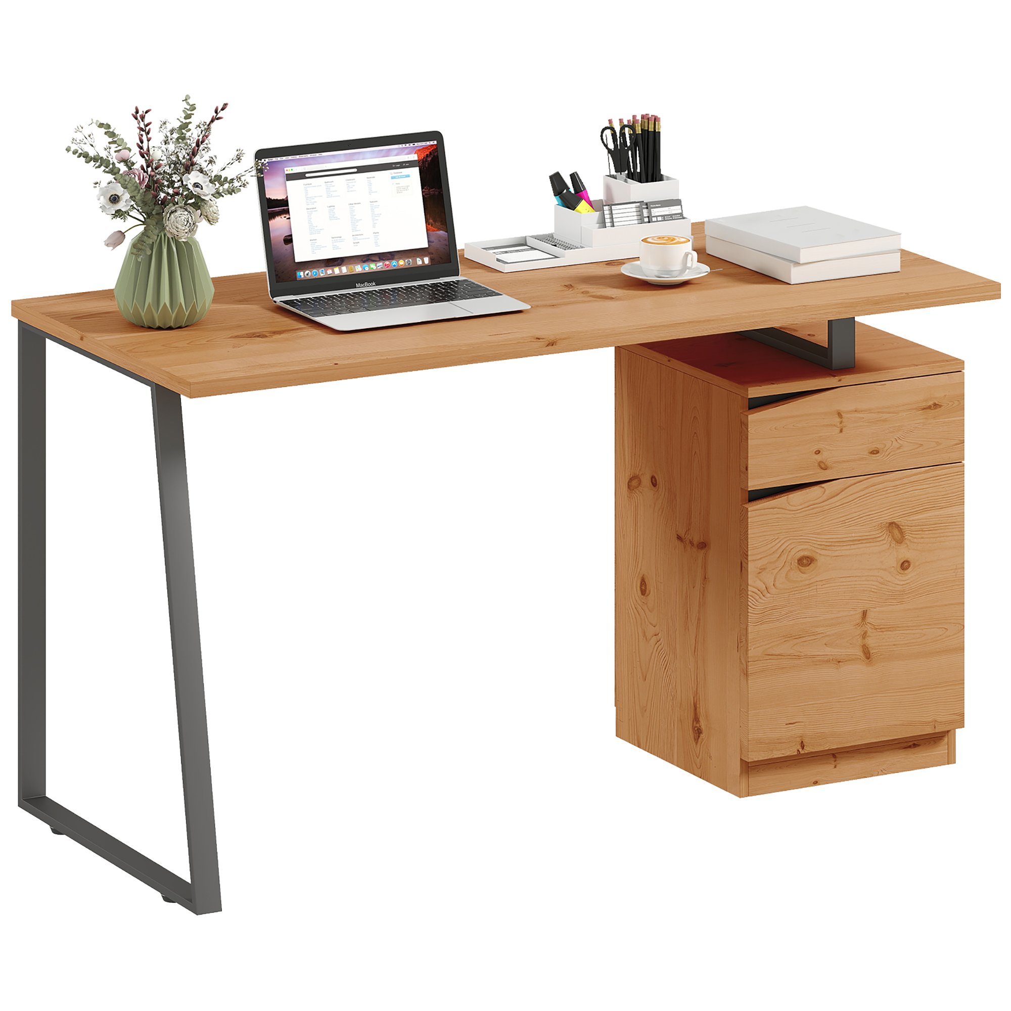 HOMCOM Wooden Computer Desk with Storage Cabinet - Natural Wood Finish